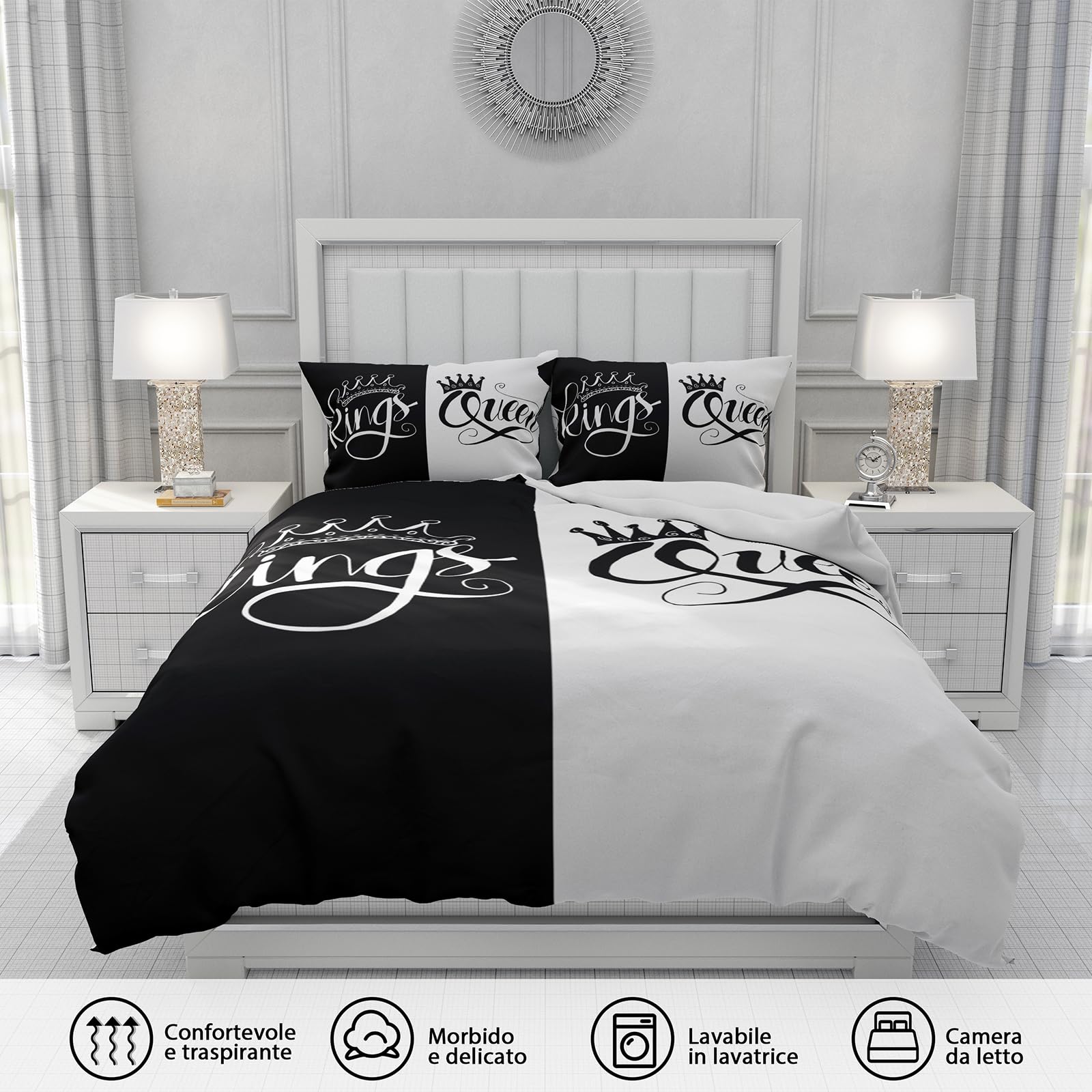 Copripiumino King E Queen,copripiumino Bianco E Nero Matrimoniale,Incluso 1 Copripiumino E 2 Federe, Set Di Biancheria Da Letto Per Coppie (B, 220x240cm)