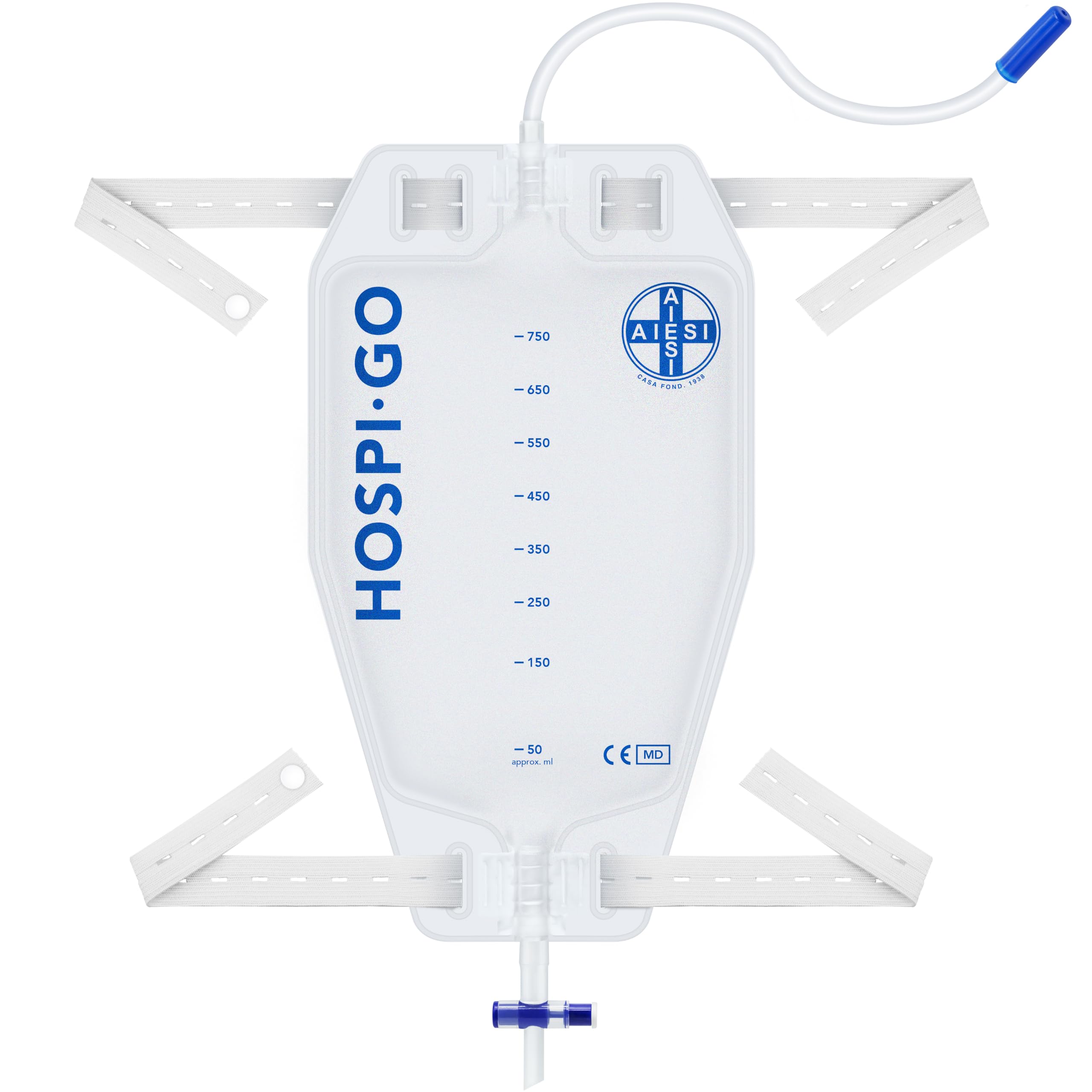 AIESI® Sac de drainage urinaire de jambe capacité 750 ml tube 30 cm avec robinet de vidange en croix (T) et valve anti-reflux HOSPI-GO (Paquet de 10 pièces), Dos en TNT respirant