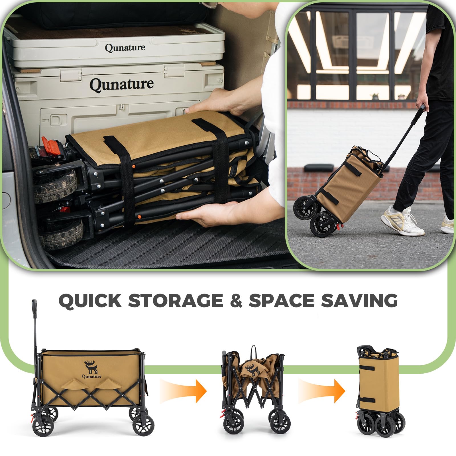 Carro de Mano Plegable con Ruedas Grandes, 120L Carrito Multiuso con Tejido Lavable Extraíble Bolsillos Laterales Transporte para Playa, Jardín, Camping, Compras, Carga hasta 100KG, Caqui