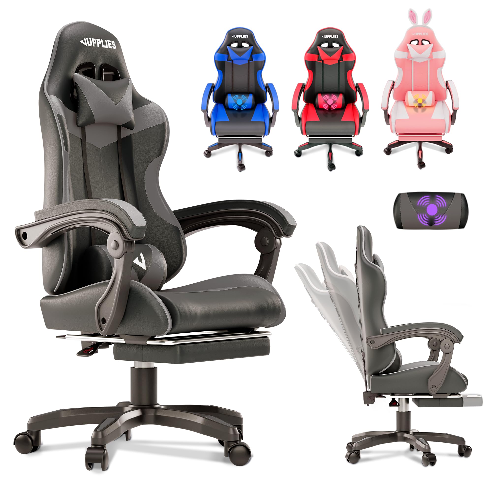 JUPPLIES Silla Gaming Profesional con Masajeador - Silla de Oficina Ergonómica con Reposapiés, Altura Regulable y Respaldo Abatible - Silla Gamer para Juegos