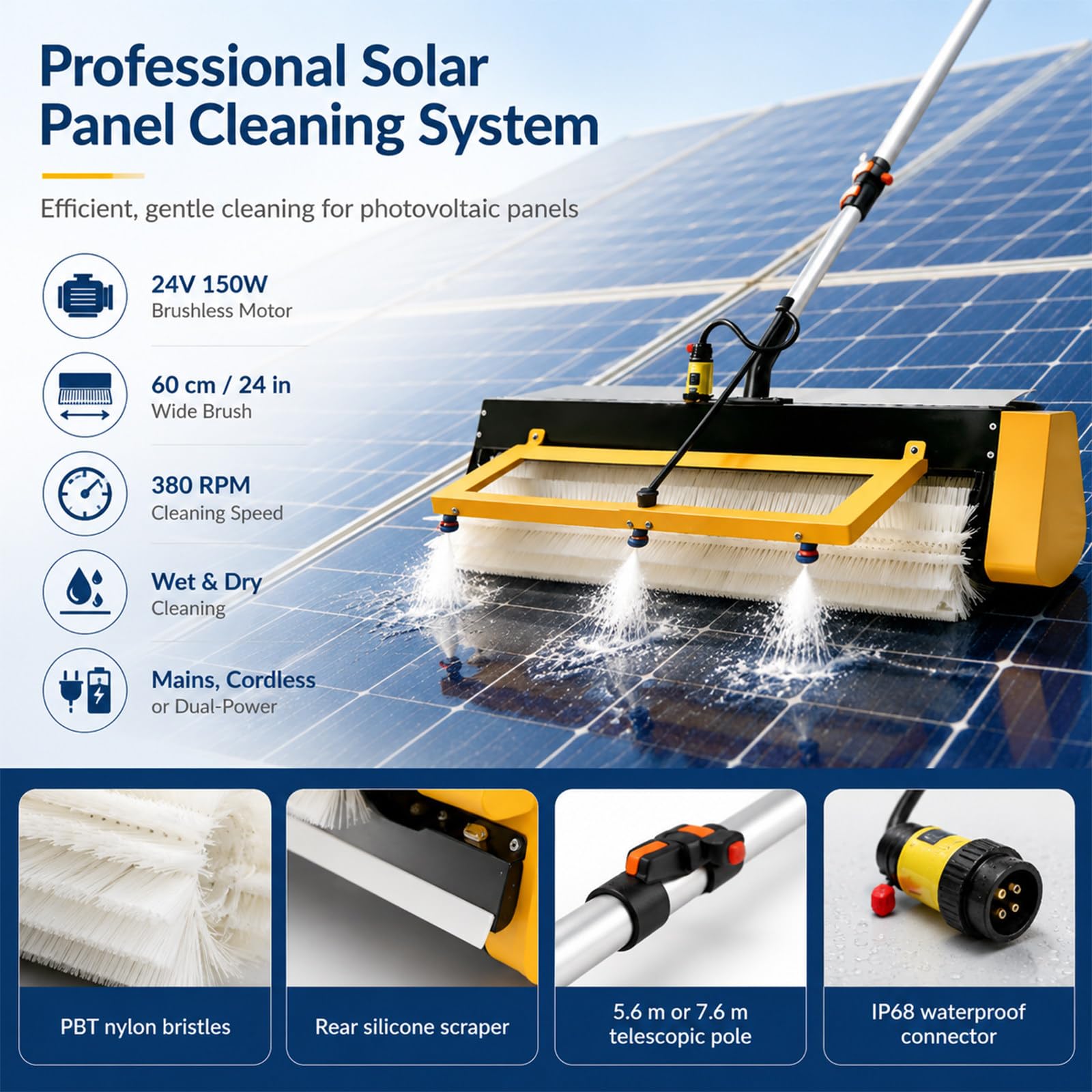 Pulizia di impianti fotovoltaici – Spazzola Rotante con Asta telescopica Dualpowersupplyversion-5.6M