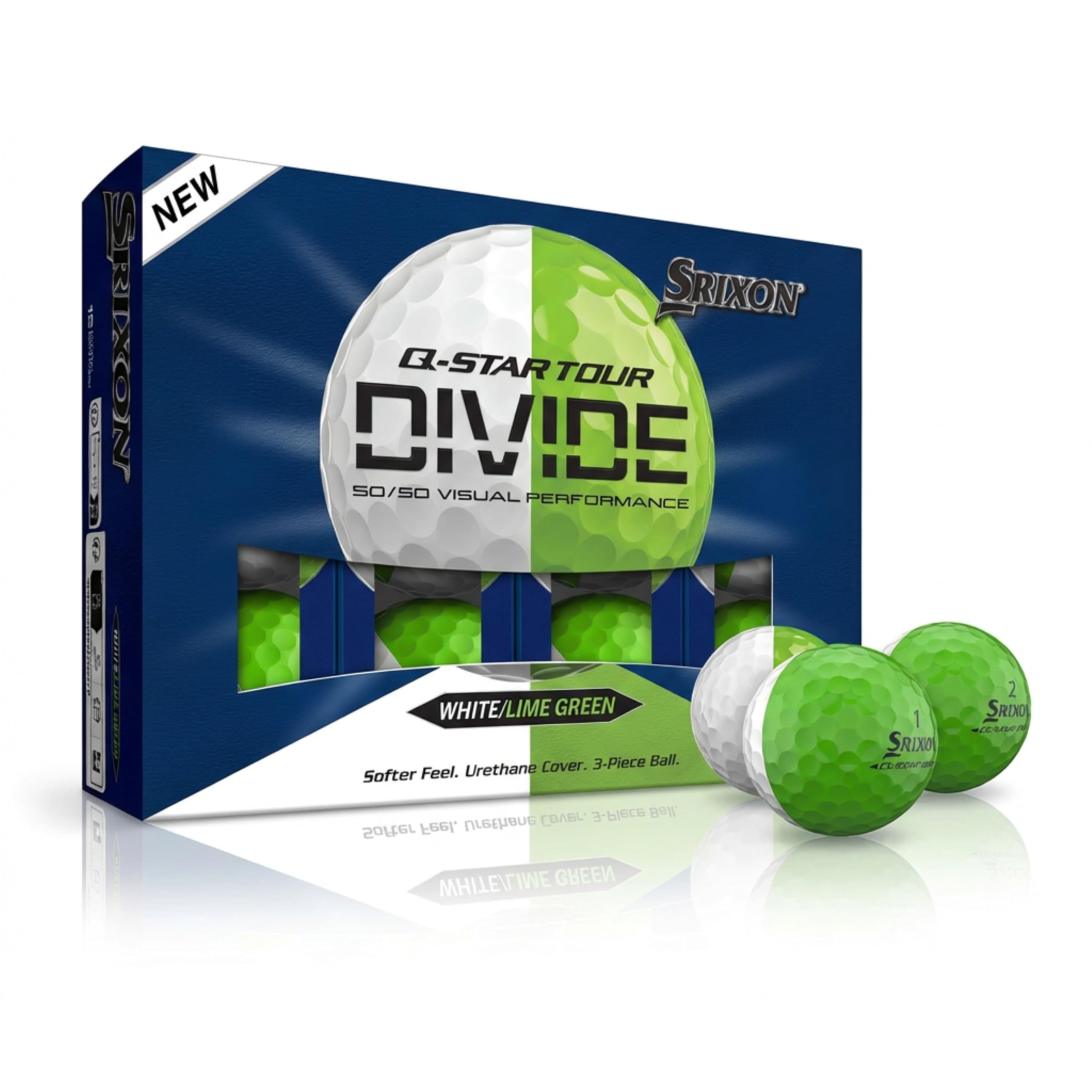Srixon Q-STAR TOUR DIVIDE – Two-Tone Urethane Golf Balls | Soft Feel, Optimized Distance | FastLayer Core Compression 74 | Gift Idea for Golfers | 12 Pieces | White Lime