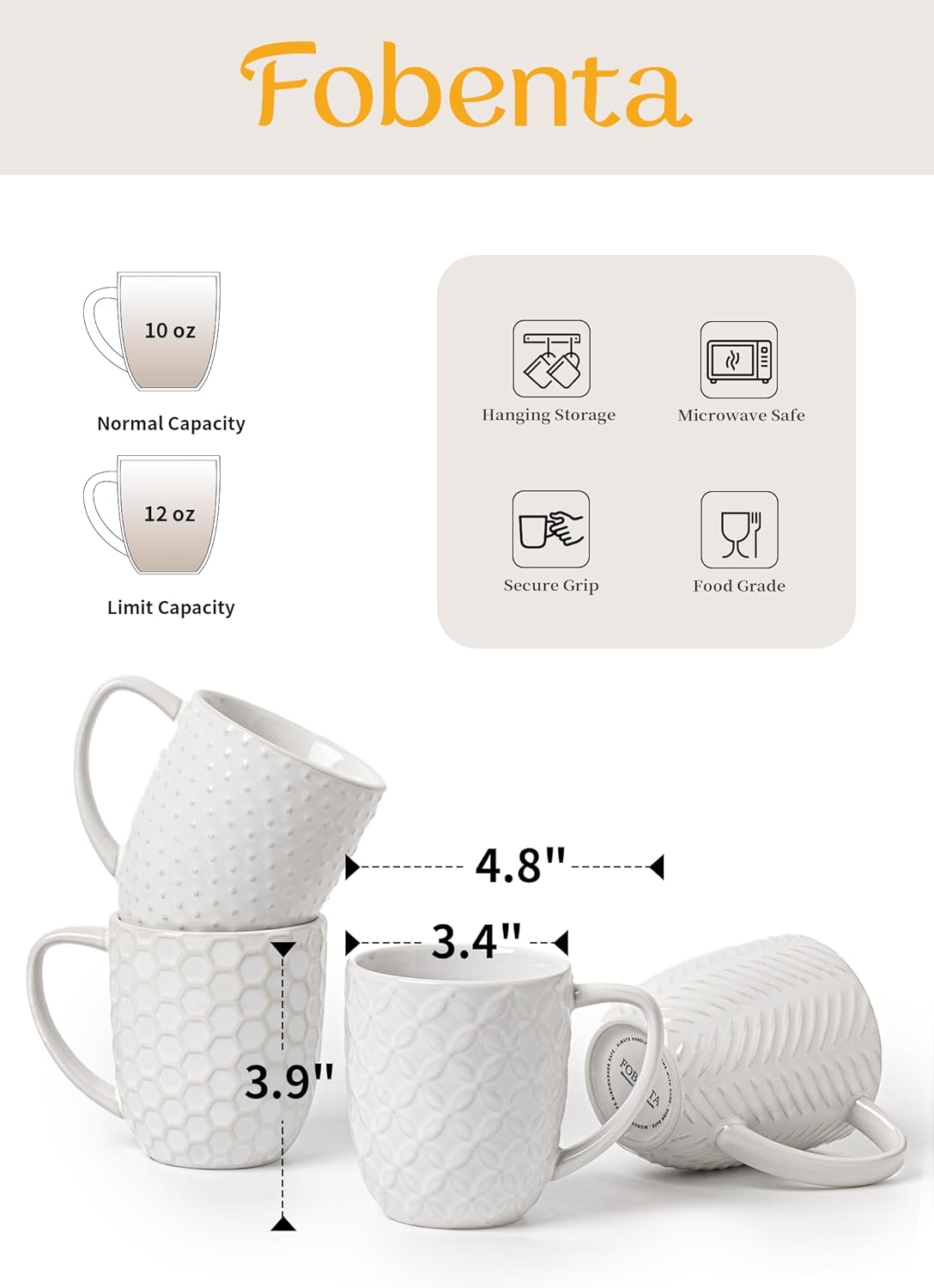Ceramic Coffee Mugs Set of 4, 12oz Embossed Cups with Elegant Patterns – A Thoughtful Gift for Women, Mom, or Friends,Perfect for Tea, Latte, Cocoa (Arctic White, 12 OZ) - Image 2