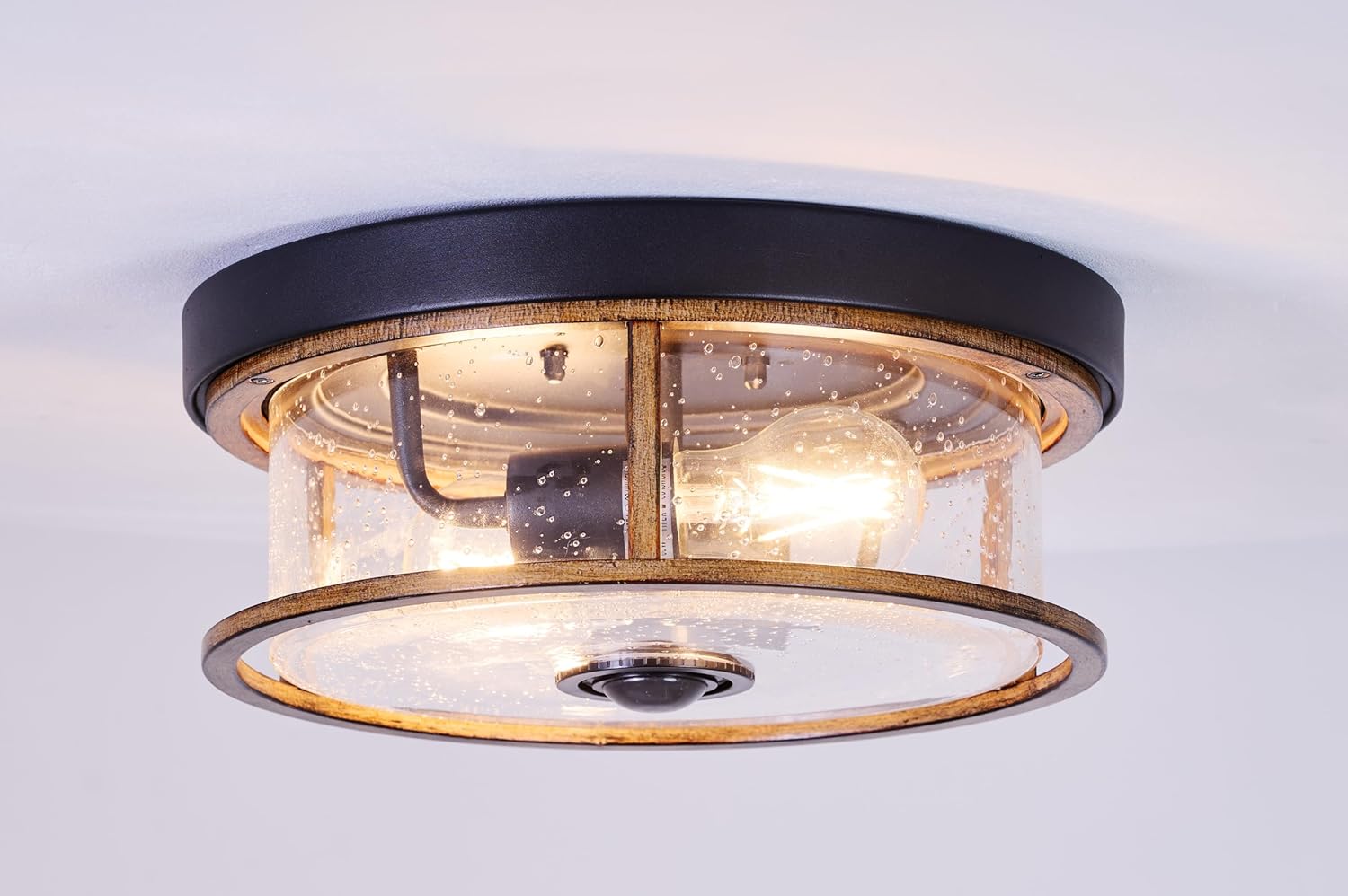 Motion Sensor Outdoor Flush Mount Ceiling Light, Glass Rustic Wood-Like Finish 2-Light Ceiling Lamp for Porch, Entryway, Garage, Timer and Sensitivity Adjustable