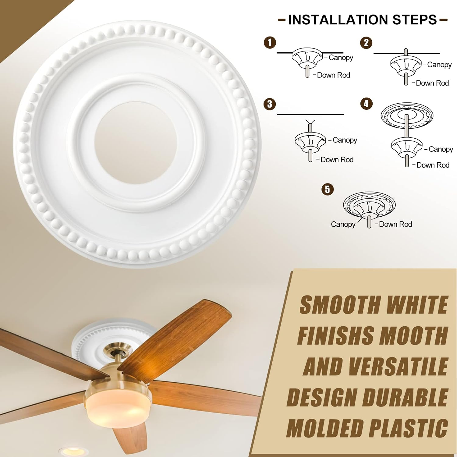 Moukeren 2 Pieces Ceiling Medallion Ceiling Fan Light Covers 12 1/2 OD x 3 7/8 ID x 3/4 P Smooth Ceiling Medallions for Light Fixtures Chandeliers Fan Medallion Round Ceiling Medallion Ring (White)