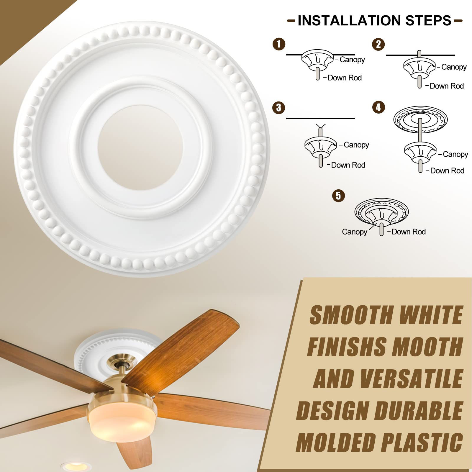 Moukeren 2 Pieces Ceiling Medallion Ceiling Fan Light Covers 12 1/2 OD x 3 7/8 ID x 3/4 P Smooth Ceiling Medallions for Light Fixtures Chandeliers Fan Medallion Round Ceiling Medallion Ring (White) — Amazon image 5