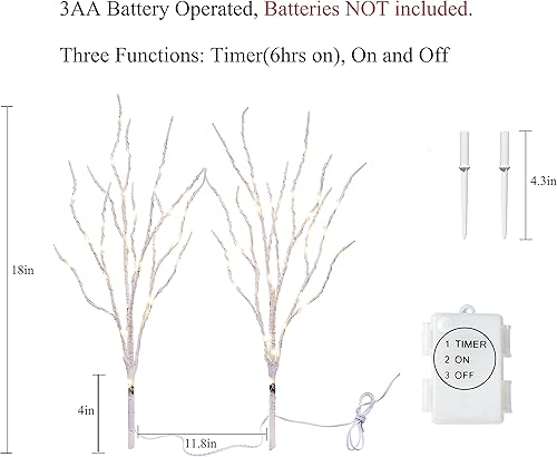 Miniatura 4 de Birchlitland Ramas de abedul iluminadas con temporizador, funciona con pilas, 18 pulgadas, 70 L, luces LED blancas cálidas, luces decorativas