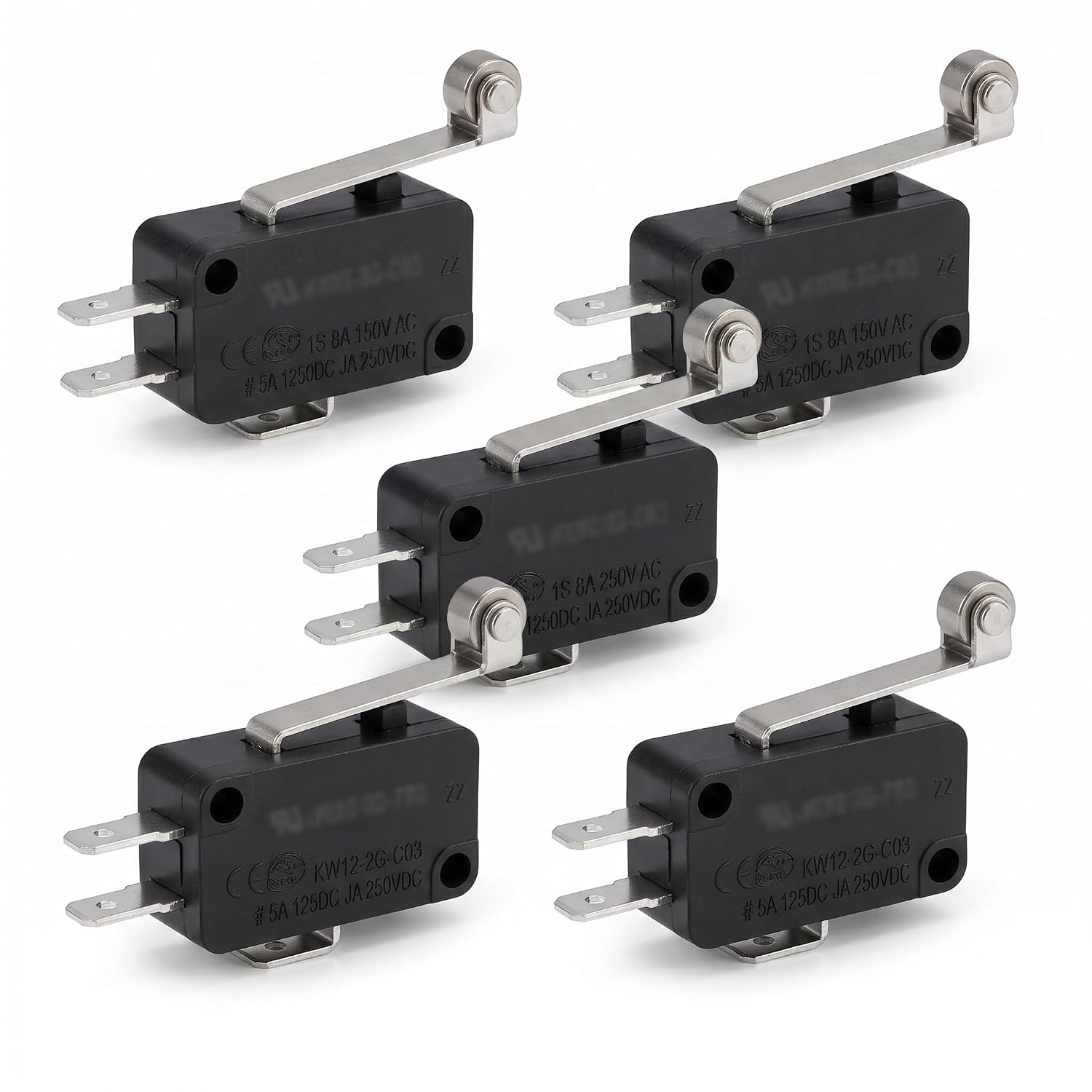 Wengart 5A Micro Switch 5-Pack KW12-0G-C03 for 3D Printer Techs to Fix Limit Stop Failure via Pin Plunger SPDT-NO Snap Action and #110 Quick Connect Terminals