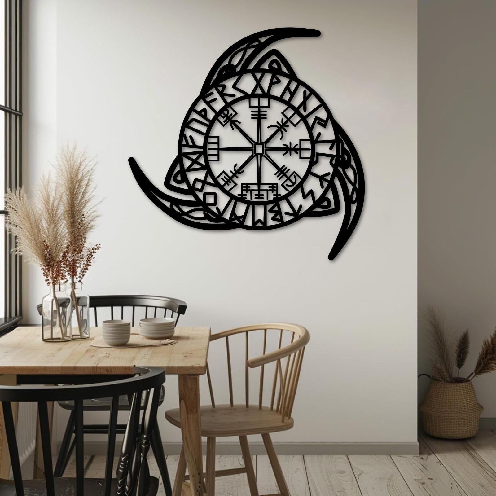 Schwarzer Kompass aus Metall, Wikinger-Wegweiser aus Metall, Wanddekoration für Wohnzimmer, Schlafzimmer, Flur und Treppenhaus, Natur-Wohndeko (Schwarz, 48 cm)