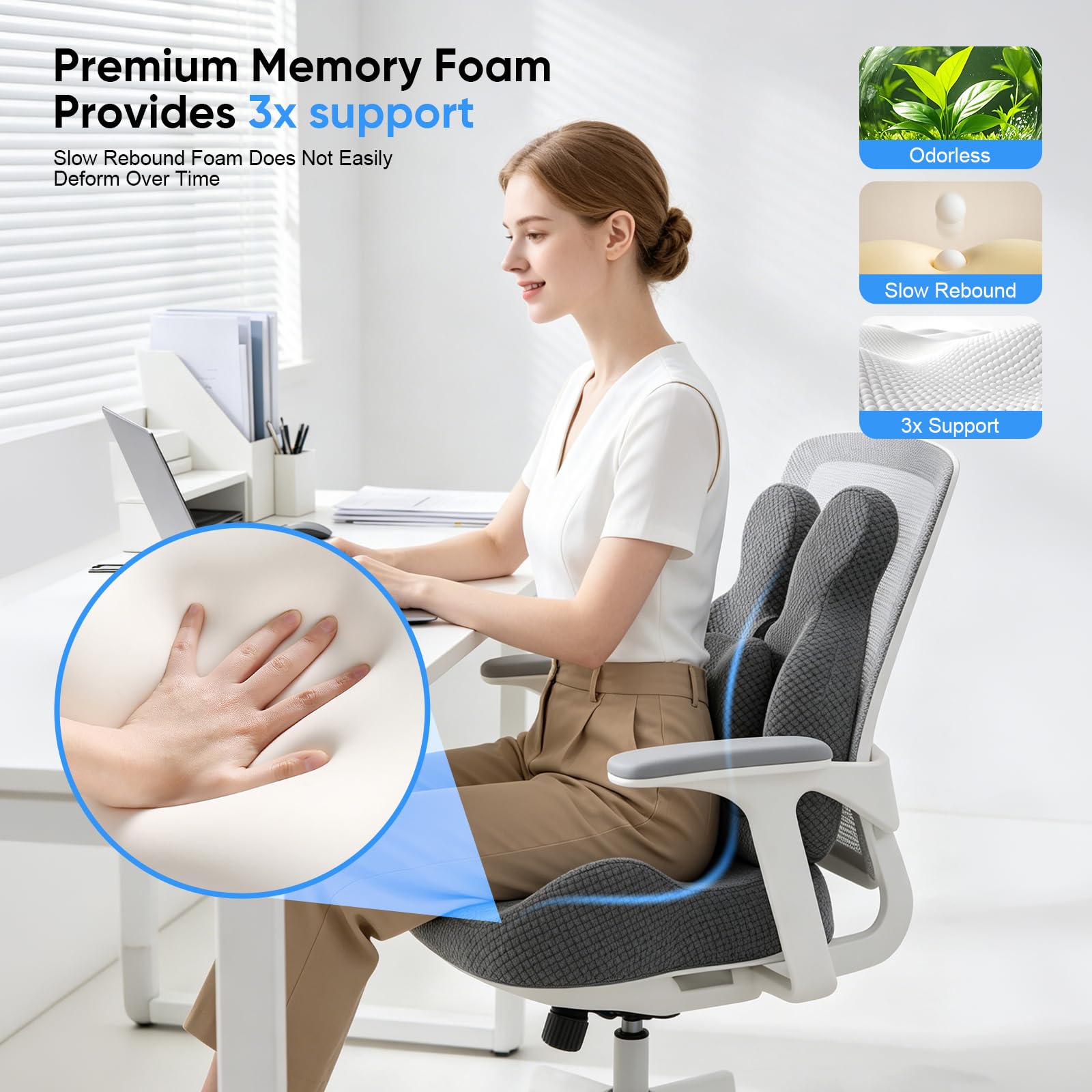 Cuscino ortopedico 3 in 1 per auto, con supporto lombare e cuscino per coccige, in memory foam ergonomico, traspirante, assorbe il sudore, antiscivolo, per sedia da ufficio e gaming