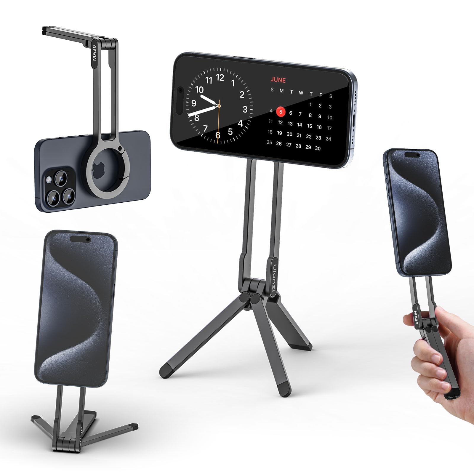 ULANZI MA30 Magnetic Phone Tripod Stand for iPhone - Dark Grey Aluminium Maglock Mini Pocket Tripod Dual-Sided Magnet Carabiner-Mounted Compatible with Magsafe iPhone 16 15 14 13 12