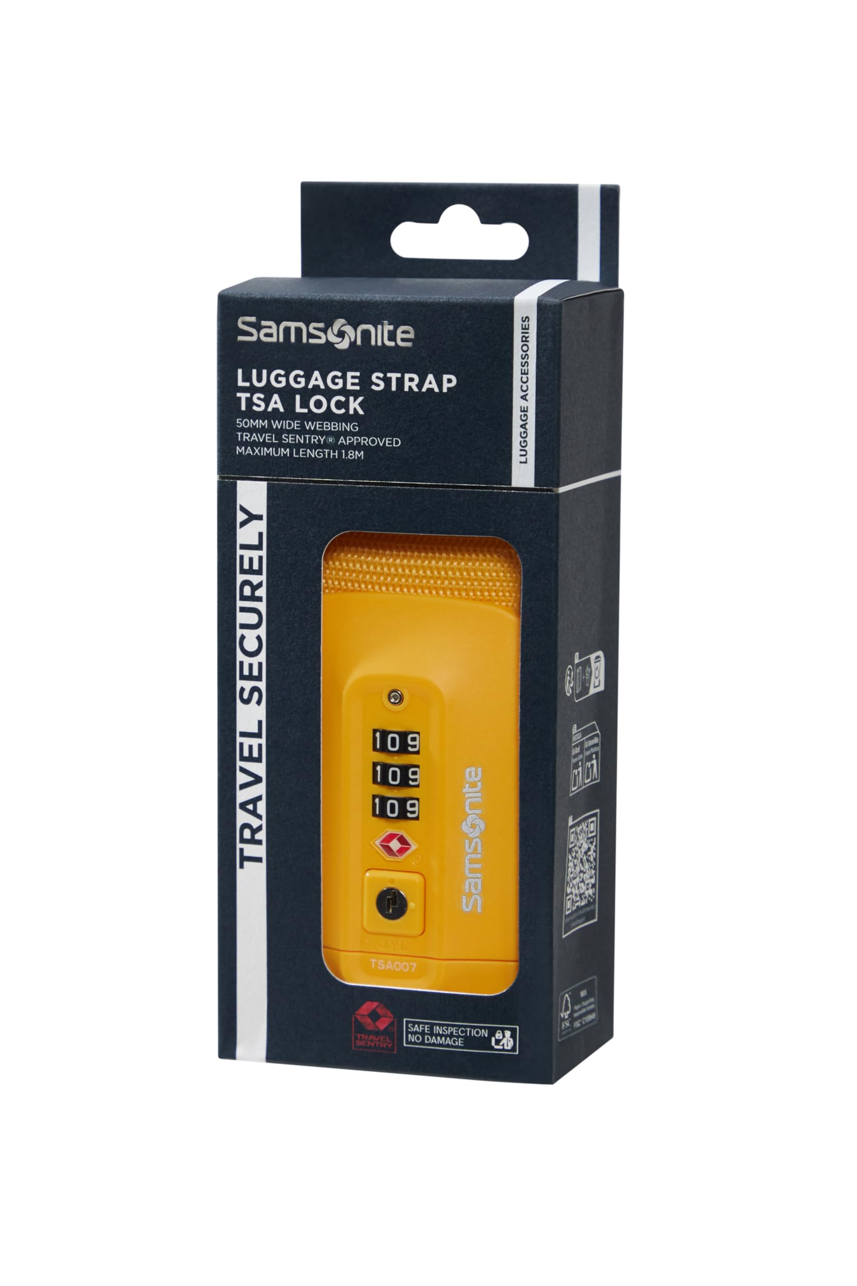 Samsonite TA Revolution – Luggage strap with TSA lock, adjustable 50mm, sturdy click buckle, secure luggage strap for travel, yellow