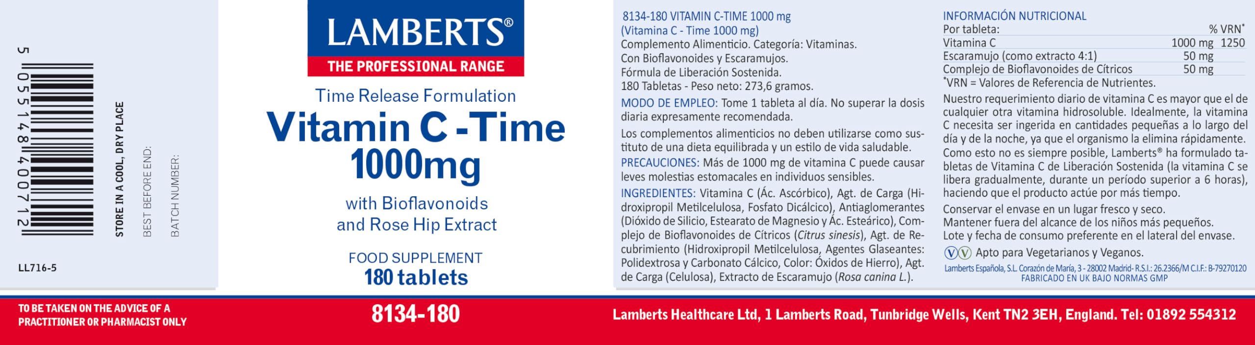 Lamberts Vitamina C 1000 mg | Liberación Sostenida | 180 Tabletas | Una al Día | Con Bioflavonoides y Escaramujo | Calidad Farmacéutica GMP