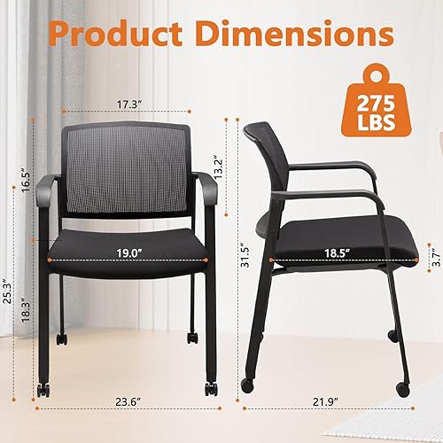 Miniatura 3 de CLATINA Silla de sala de espera negra con ruedas y respaldo de malla apilable con asiento de tela tapizado y soporte lumbar ergonómico para oficina,
