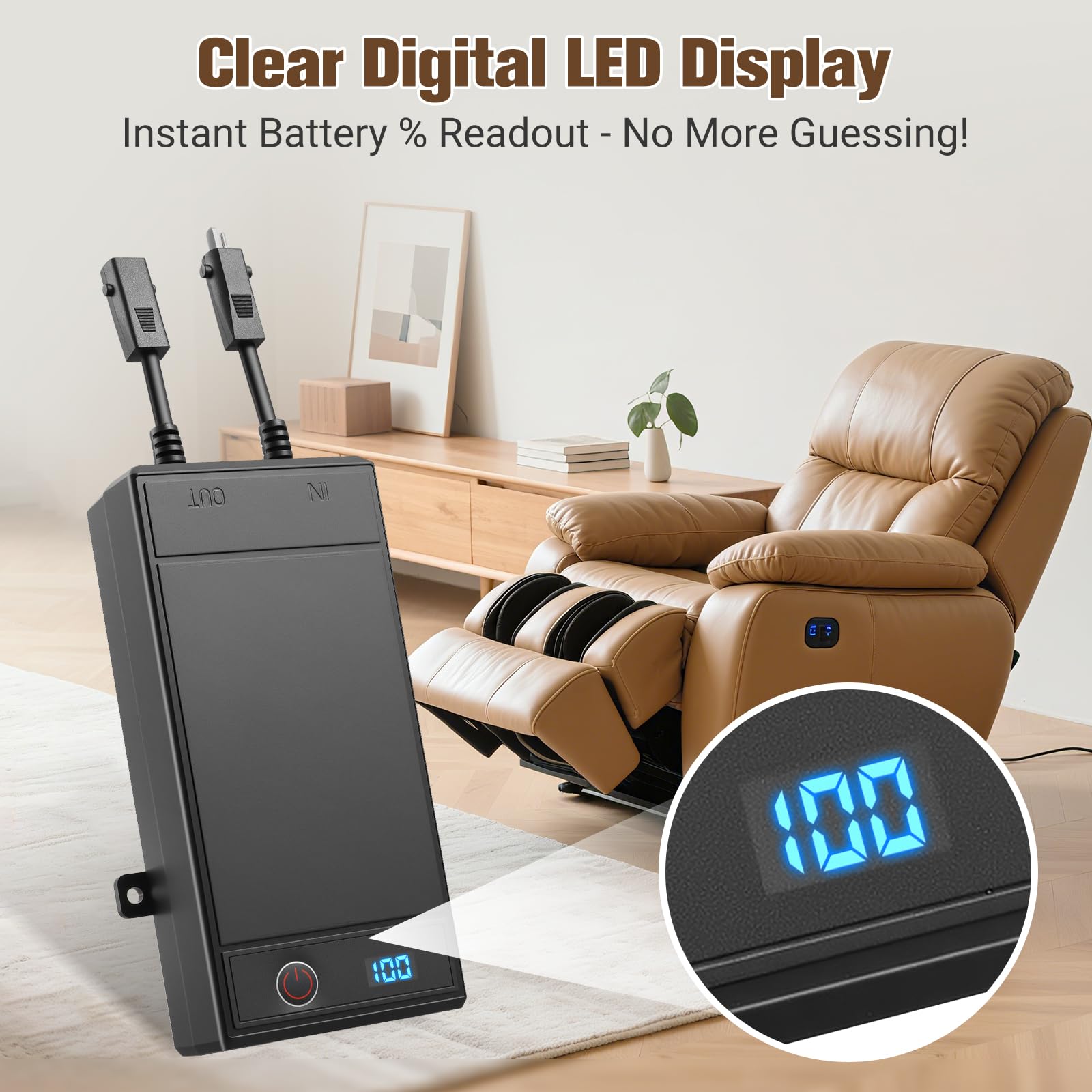 Batería reclinable de 2500 mAh para muebles reclinables, batería recargable inalámbrica universal de 2 pines con cargador para reclinables eléctricos, sofás, sillas elevadoras, sofás