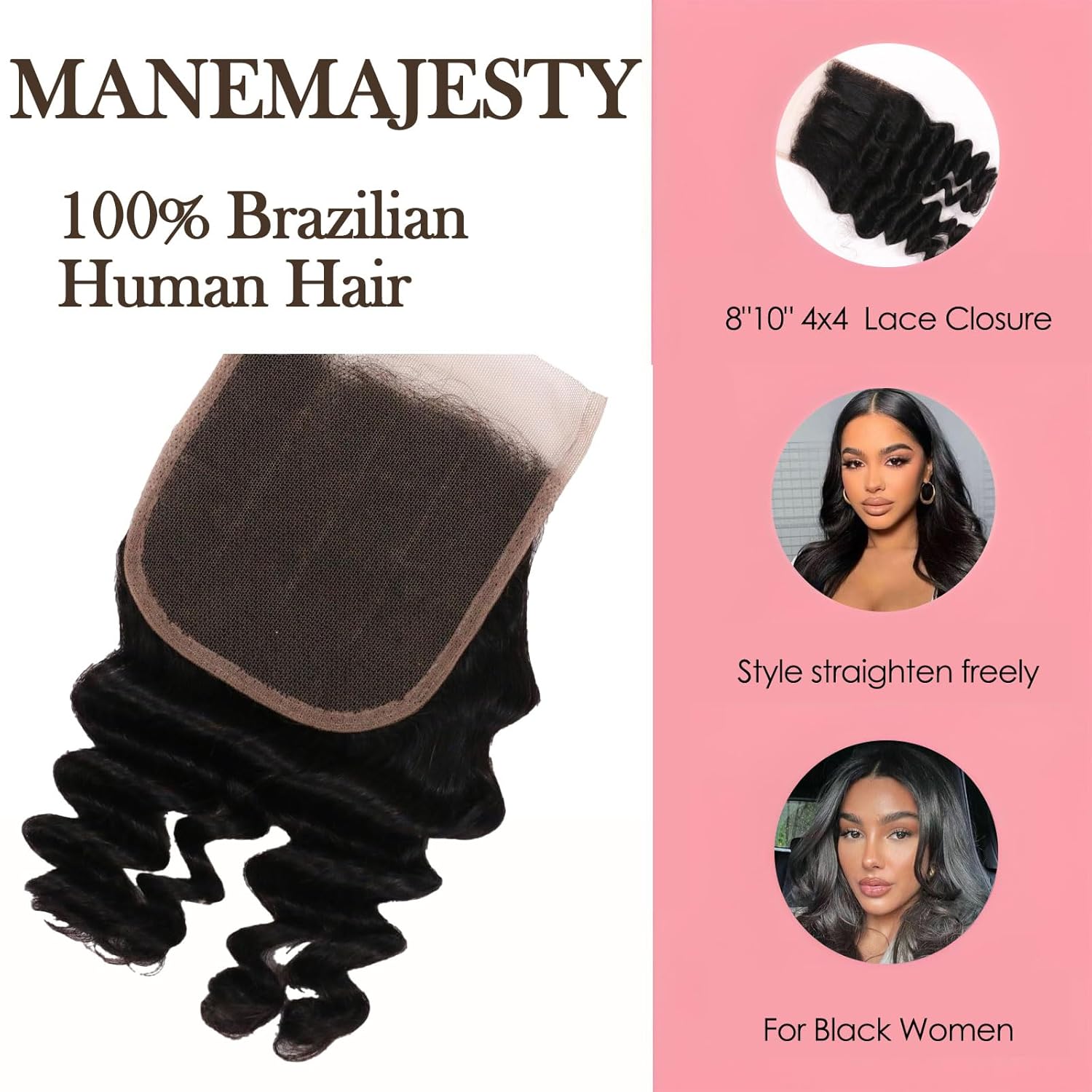 12A Real Brazilian Virgin Water Wave Human Hair Bundles 3 Pcs 16 Inch with 4x4 Lace Closure 100% Unprocessed Raw Brazilian Vrigin Human Hair Extensions for Black Women Curly Natural Color