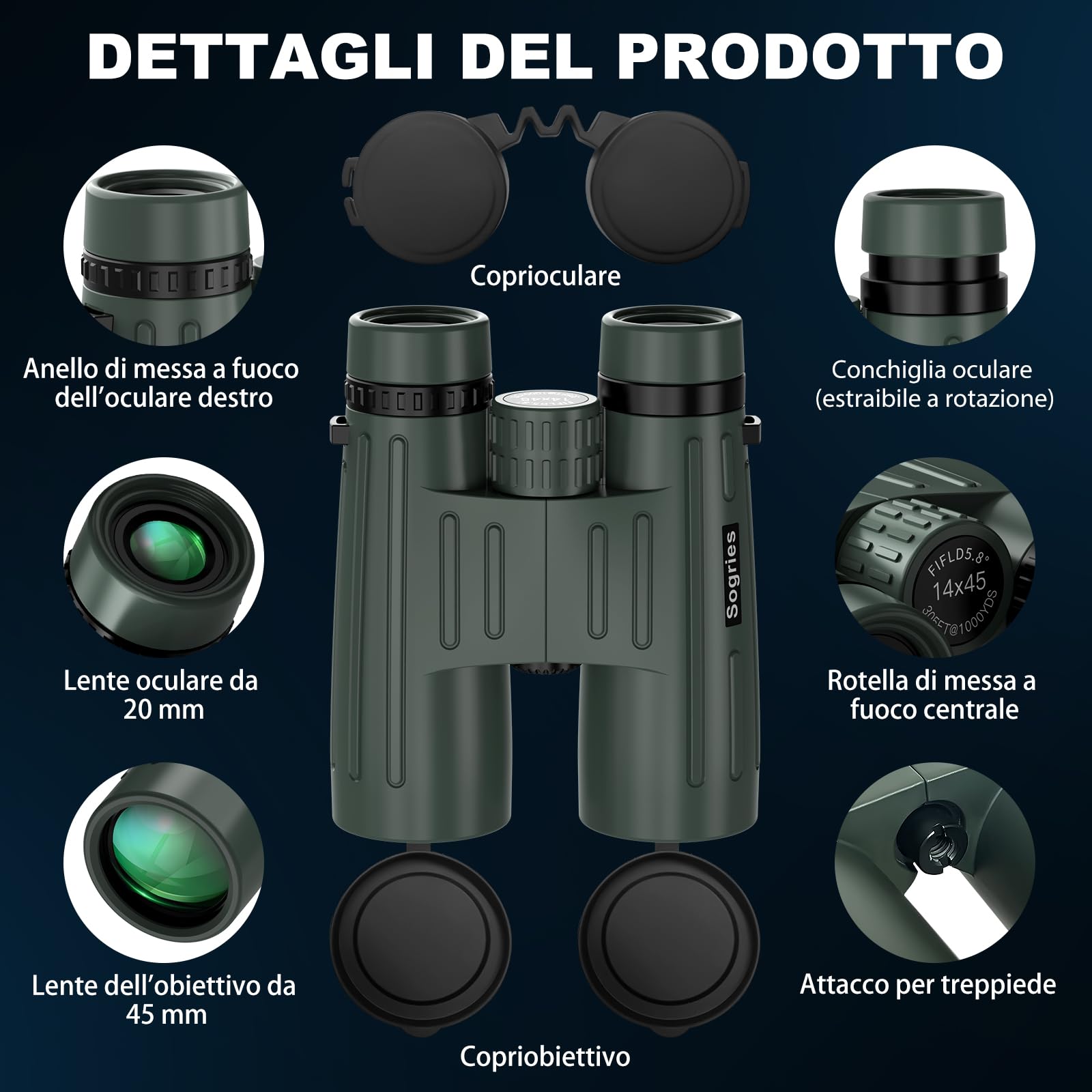 Binocolo 14 x 45 per adulti ad alta potenza, binocolo HD per bird watching, caccia, con adattatore per telefono in lega di alluminio, treppiede, impermeabile e a prova di nebbia, ampia visuale per