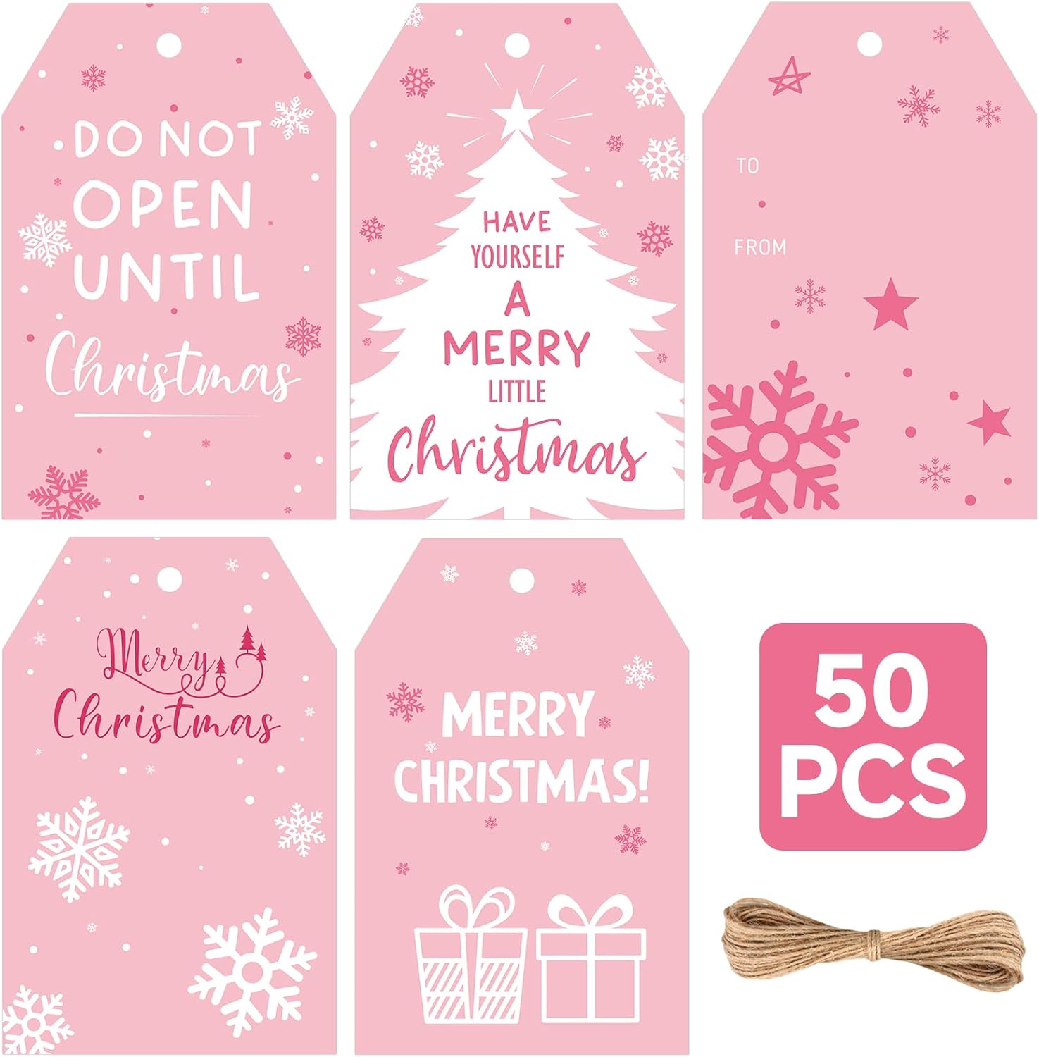 Anwyll Christmas Gift Tags with String - 50Pcs Pink Merry Christmas Name Tags for Gift Xmas to from Tag Have A Merry Little Christmas Tree Label Tag for Present Wrap Goodie Bags Holiday Party Favors