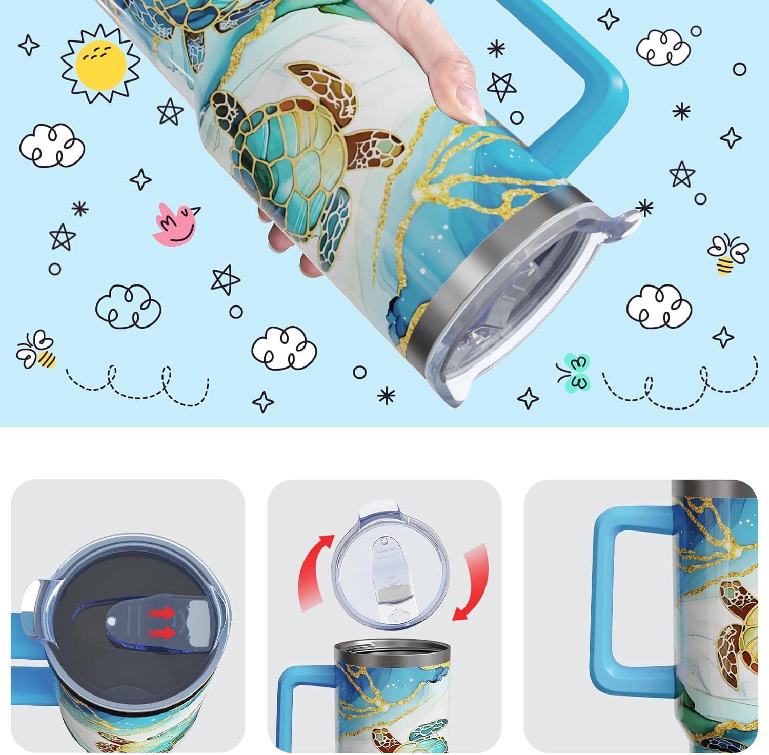 40 Oz Sea Turtle Tumbler with Handle and Lid Straw, Blue Marble Stainless Steel Travel Cups, Turtle Lover Gifts for Women Men (1PC) - Image 5
