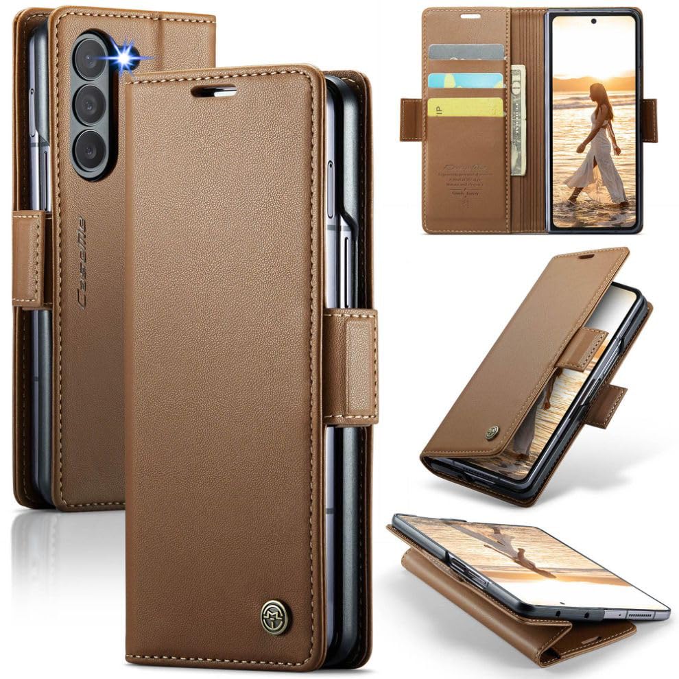 Coque Samsung Galaxy Z Fold 6 portefeuille marron mince avec porte-carte RFID