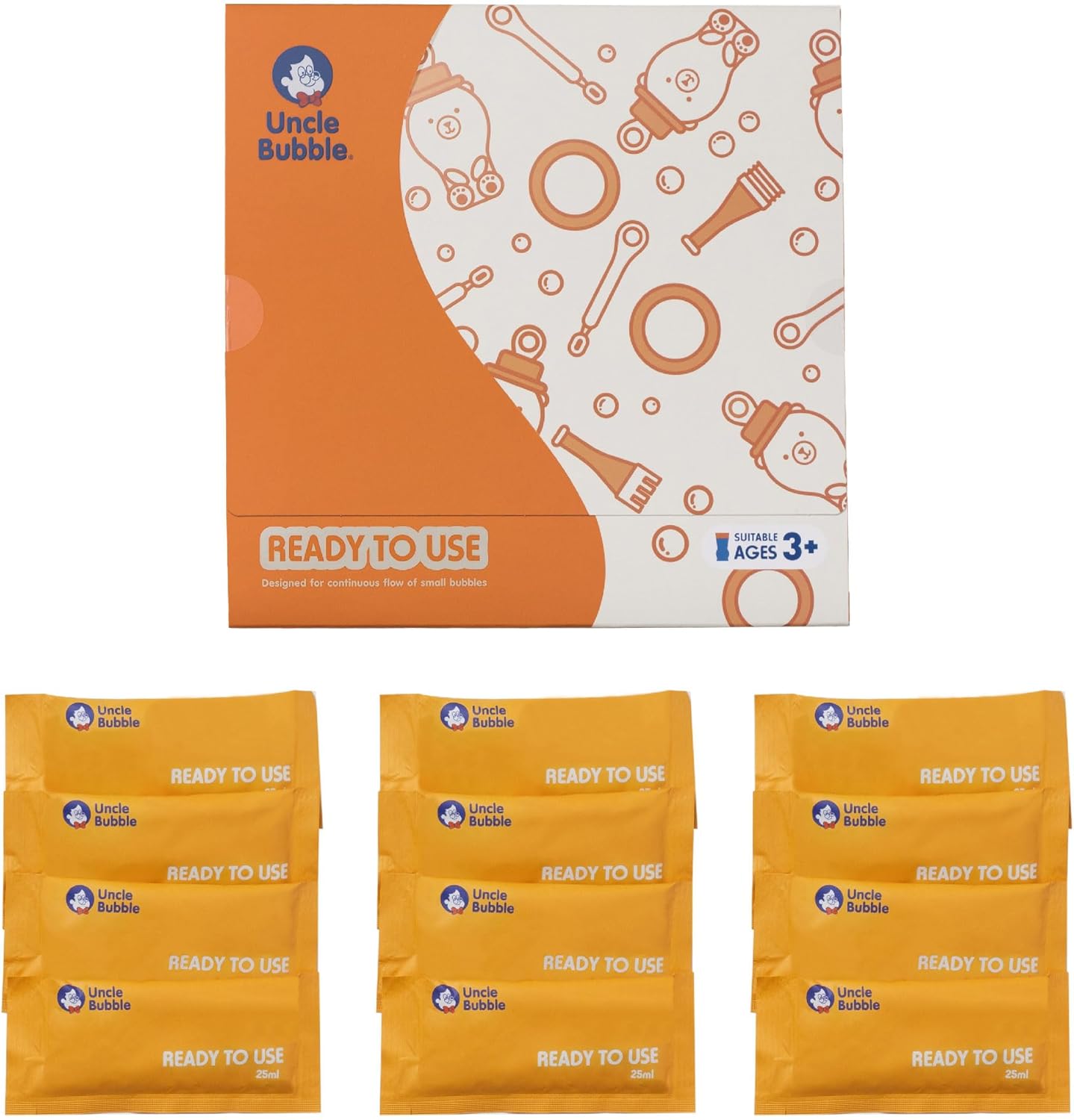 Uncle Bubble Ready-to-Use Bubble Solution Refill, 12 Pouches, for Bubble Machines and Wands, Ages 3+
