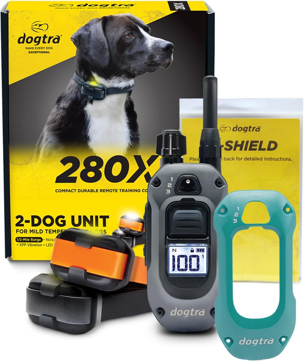 Dogtra 280X 2-Dog Remote Training E-Collar + X-Shield Plate (Teal Green) | Premium & Durable Build, 1/2 Mile Range, Waterproof, 100 Levels, LED Light, Boost & Vibration, 10lbs+