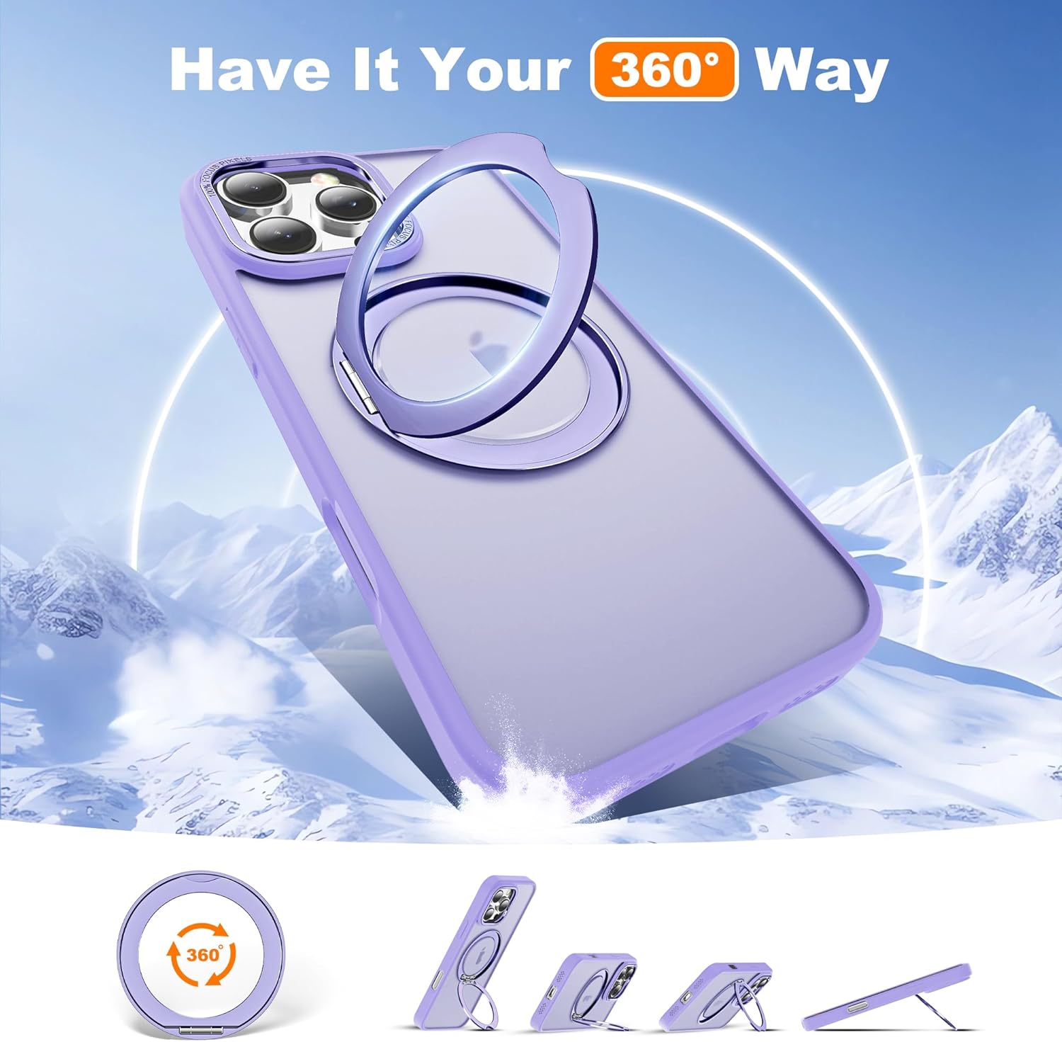 for iPhone 16 Pro Max Case with 360° Rotatable Magnetic Ring Stand Compatible with Mag-Safe Military Protection Shockproof Matte Translucent Phone Case for iPhone 16 Pro Max, Purple