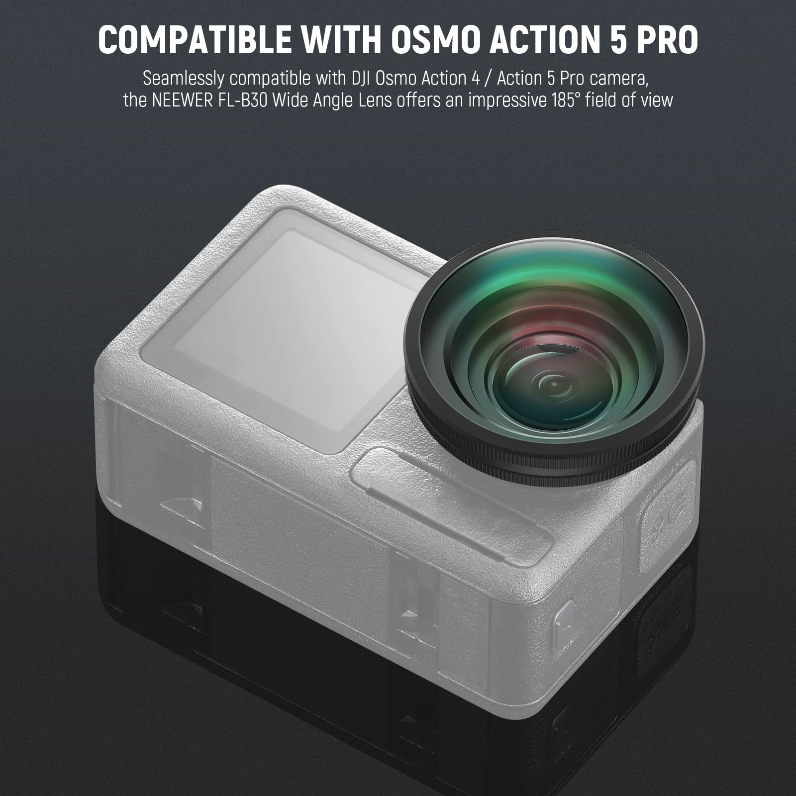 NEEWER Obiektyw OSMO Action FOV Boost, szeroki kąt 185° FOV kompatybilny z akcesoriami DJI OSMO Action 4/5 Pro, mocowanie gwintowane, obiektyw kamery akcji, FL-B30