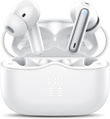 💎 76% MEGA DEAL! Auriculares Inalambricos Bluetooth, Auriculares Bluetooth 5.4 con ENC Reducción de Ruido, 40H HiFi Estéreo Cascos Inalambricos Bluetooth con 4 HD Mic, Pantalla LED, IP7 Impermeablem Cascos, Blanco