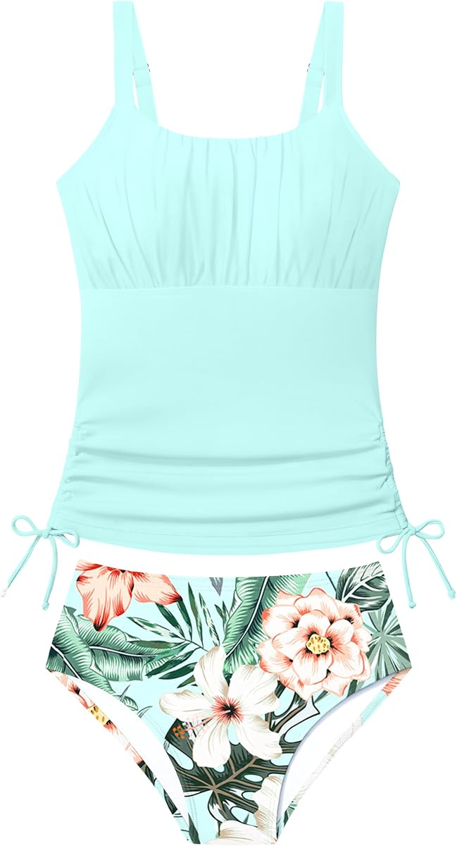 DONWEN Girls Swimsuit Adjustable Straps + Drawstring Swimwear 2 Piece Color Block Tankini for Girls Bathing Suit 9-16Y