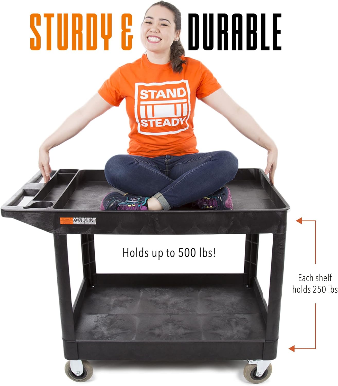 Stand Steady Original Tubstr XL Outdoor Cart with Heavy Duty Wheels - Two Shelf Utility Cart Supports up to 500 lbs, Tub Carts with Deep Shelves and Shock Absorbent Wheels (Black, 45.5in x 24.5in)