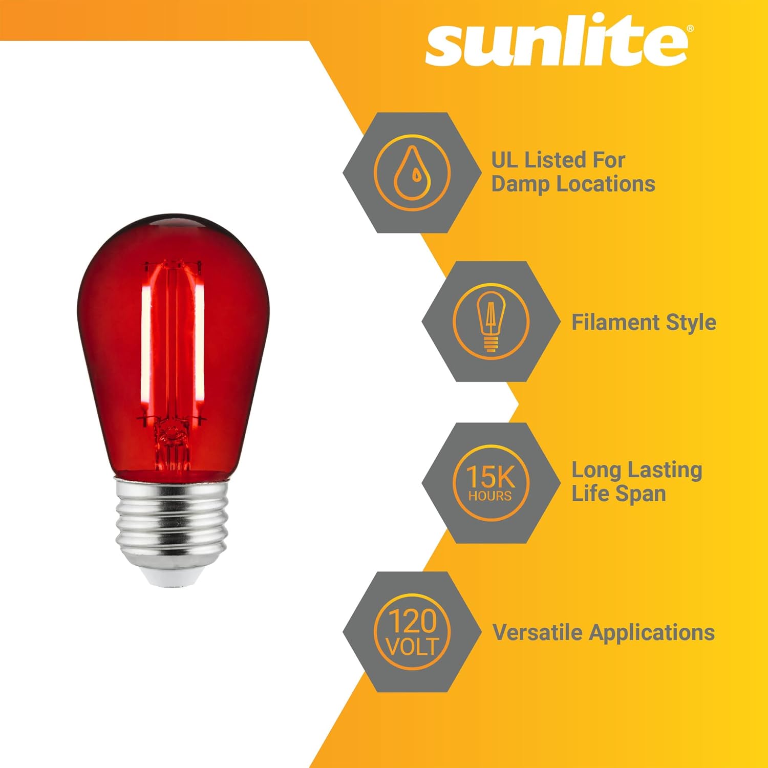 Sunlite LED S14 String Light Bulb, 2 Watts (25W Equivalent), Medium E26 Base, Party Decoration, Holiday Lighting, Transparent, Dimmable, UL Listed, Red, 6 Count