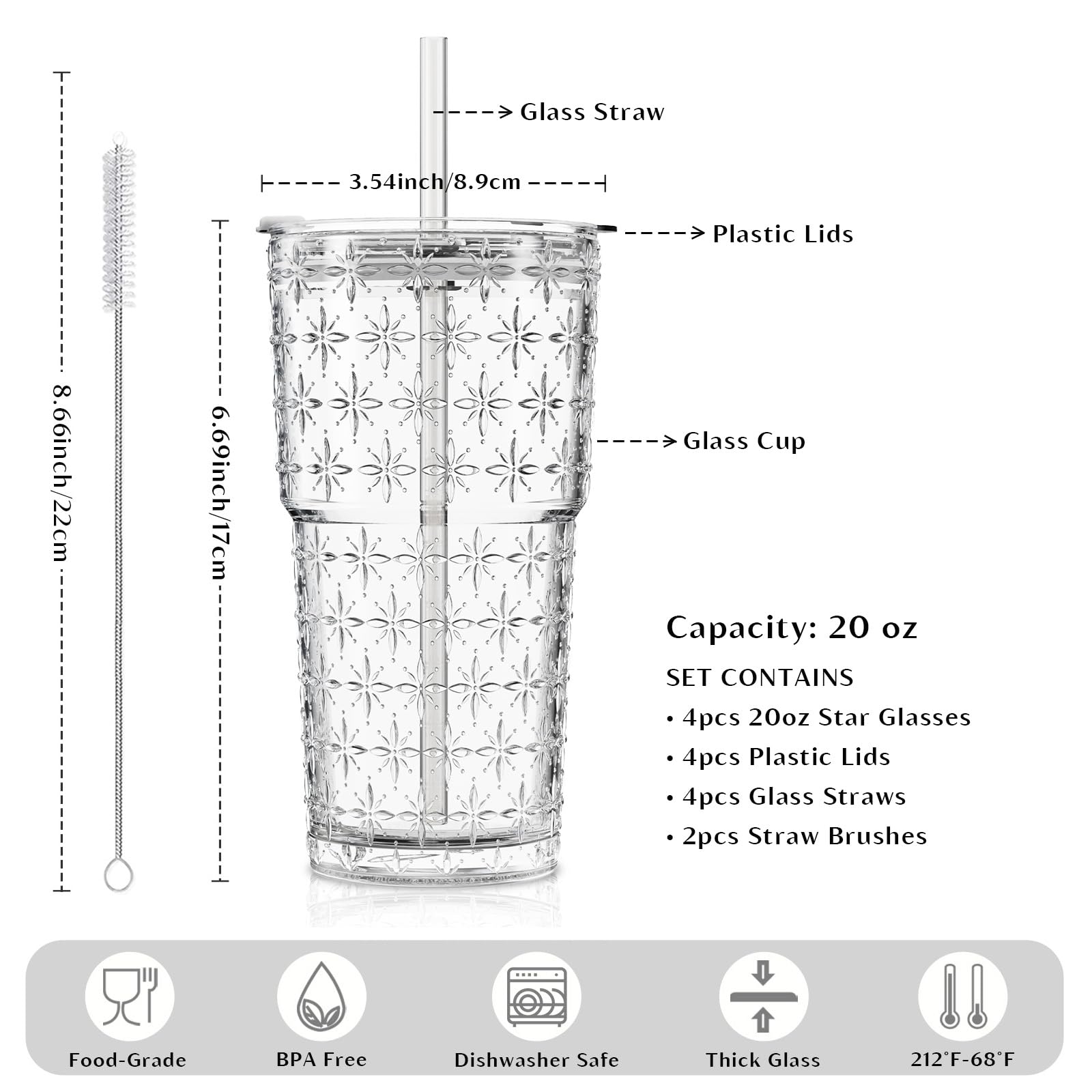 INSETLAN 4 vasos de vidrio con diseño de estrellas con tapas y pajitas de vidrio