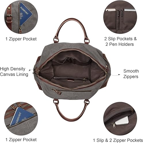 Miniatura 5 de S-ZONE - Bolsa de viaje de lona sobredimensionada con adornos de cuero genuino, bolsa deportiva de hombro de fin de semana, bolso de fin de semana