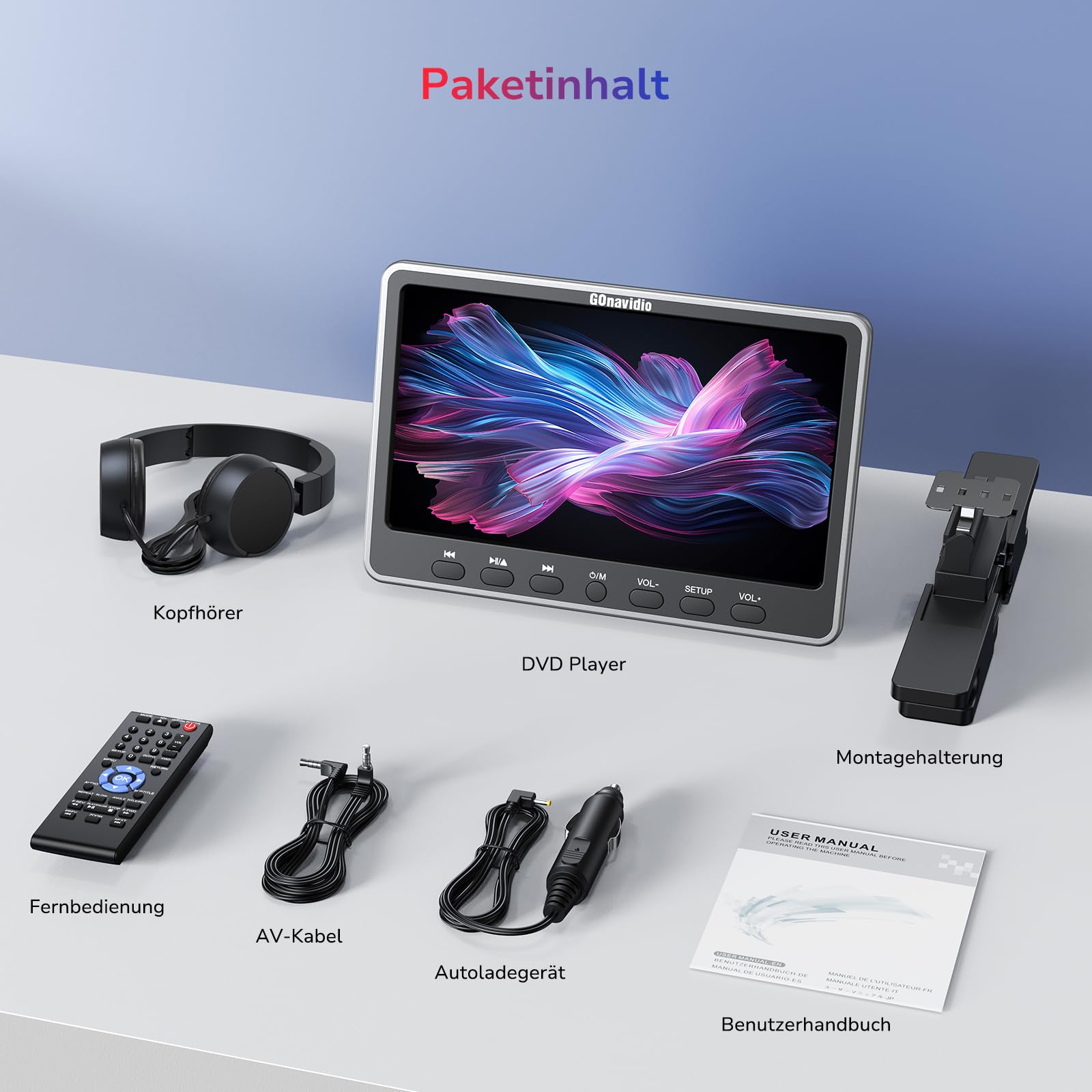 GOnavidio 12,5" DVD-Player Auto mit HDMI-Eingang, Kopfhörer, Montagehalterung, DVD Player Auto Kopfstütze Disc-Eingang mit Saugnapf, unterstützt Sync Screen, AV EIN- und Ausgang ohne Akku