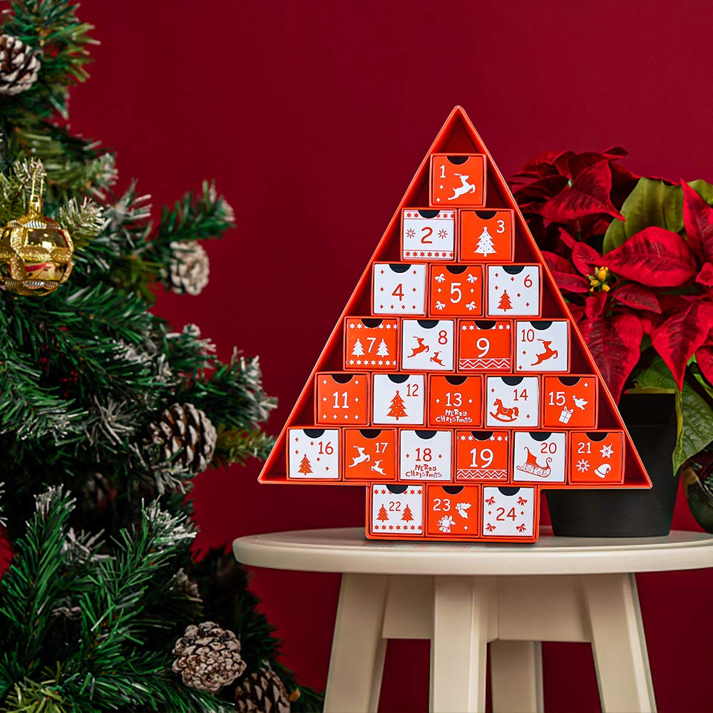 Natale Calendario Dell'Avvento, Calendario Avvento da Riempire, Scatoline Natalizie con 24 Cassetti Numerati, Forma ad Albero di Natale, Cartone di Alta qualità, per Decorazioni a Sorpresa (Rosso)