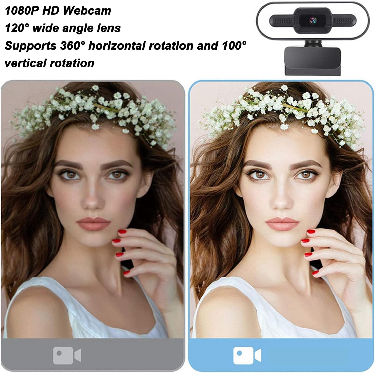 Sanpyl 1080p Webcam, 120° Wide Angle Camera with Adjustable Ring Light and Microphone, 3 Adjustable Lighting Modes, Computer Web Camera for Desktop PC or Laptop Computer