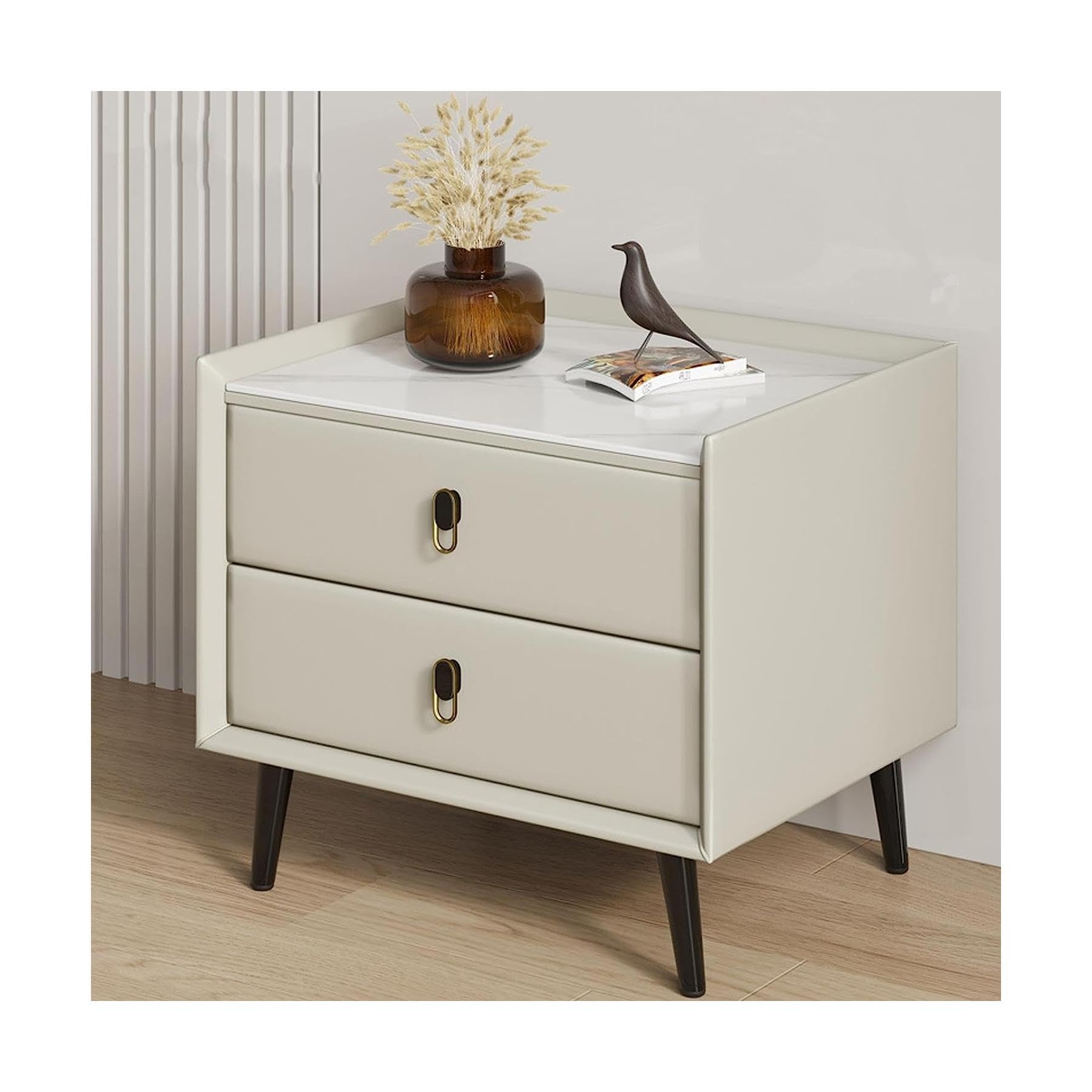 BHGFYXBS Nightstand Nordic Leather End Table Faux Marble Top Bedside Table W/2 Drawer Bedside Dresser Wooden Square Bedside Cabinet,Blue,Off White,Off White