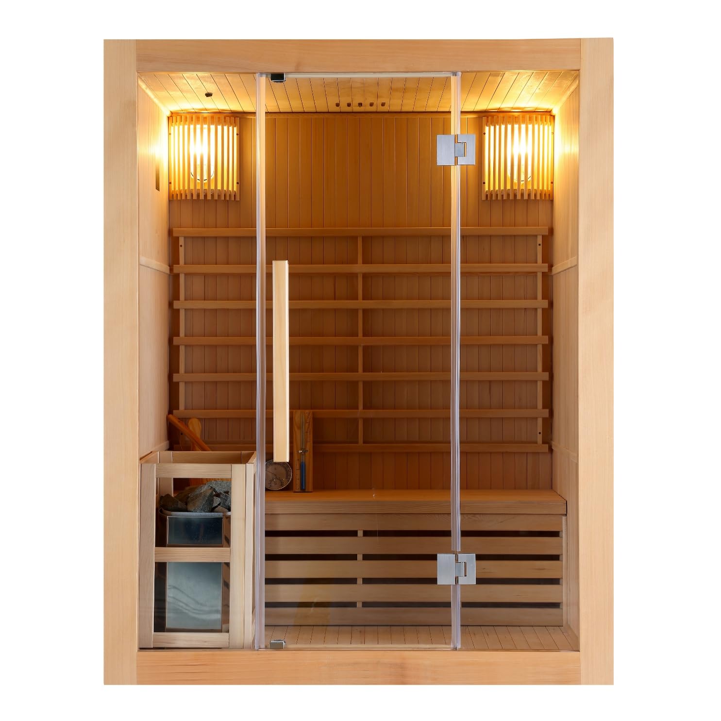 Riga Sauna finlandais pour 3 personnes avec pierres de sauna, verre de sécurité, seau avec créateur, thermomètre et sablier, dimensions : 150 x 120 x 190 cm