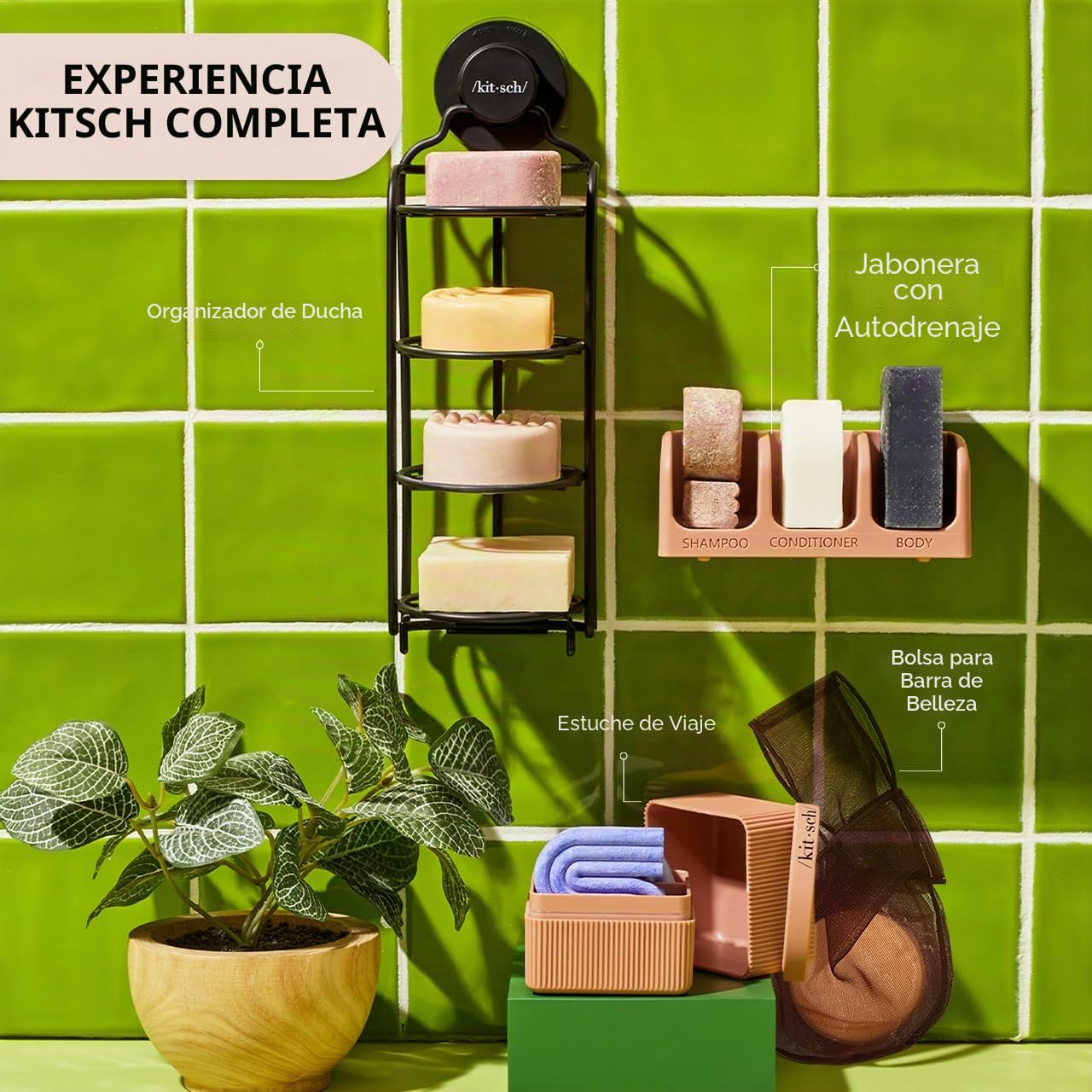 Kitsch Jabonera autodrenante para ducha, soporte de plástico reciclado para champú, acondicionador y barras de lavado corporal, elegante soporte de jabón de ducha para 3 barras con ventosas extraíbles