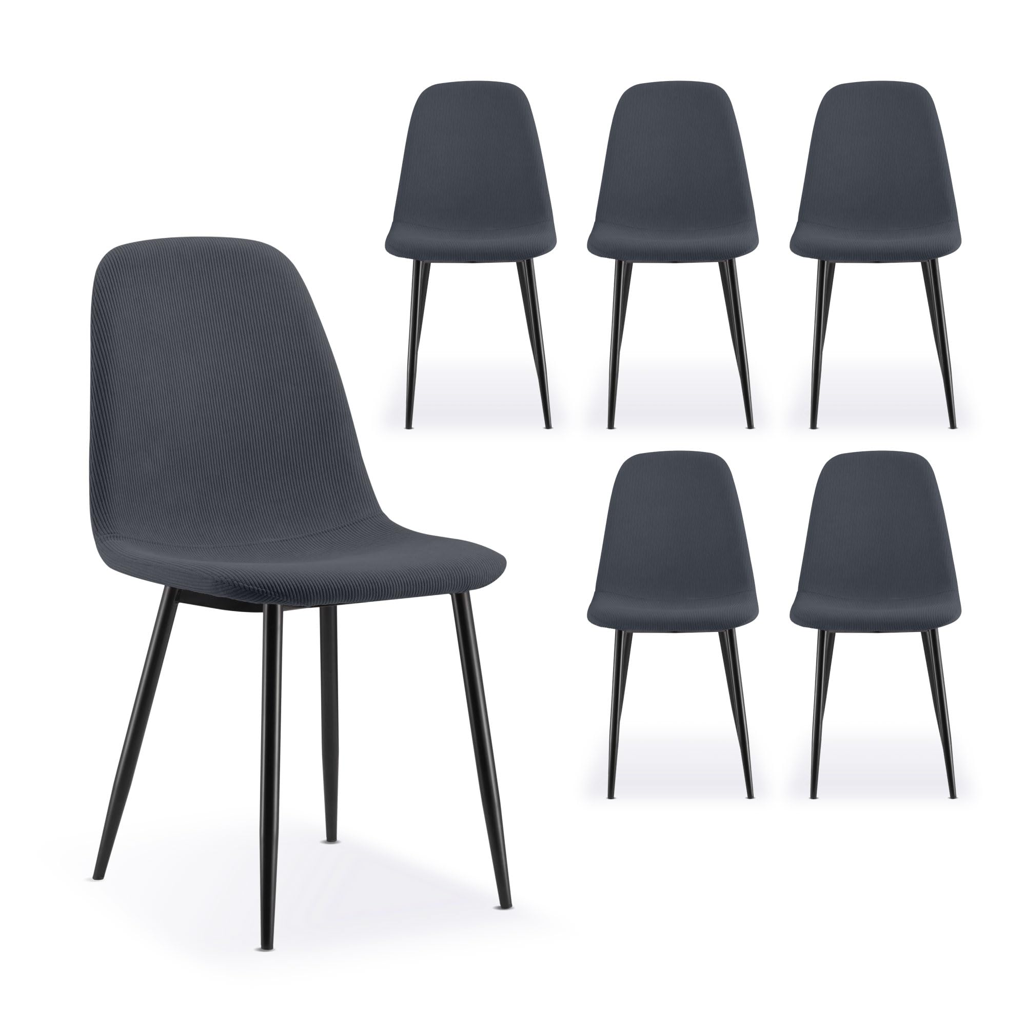 VonHaus Dining Chairs Set of 6 - Charcoal Blue Kitchen Chairs with Sturdy Black Metal Legs - Upholstered Cord Effect for Dining Room & Kitchen - Padded Backrest and Seat - Cavell