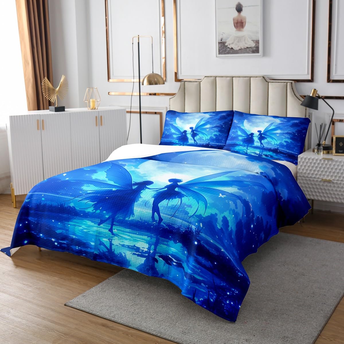 Manfei Girly Fairy Quilts Set for Kids Boys Girls,Moon Night 3Pcs Bedspread Coverlet Set,Cartoon Galaxy Sky Clouds Bed Cover Set,Fairy Tale Themed Bedspread Coverlet with 2 Pillowshams (Queen)