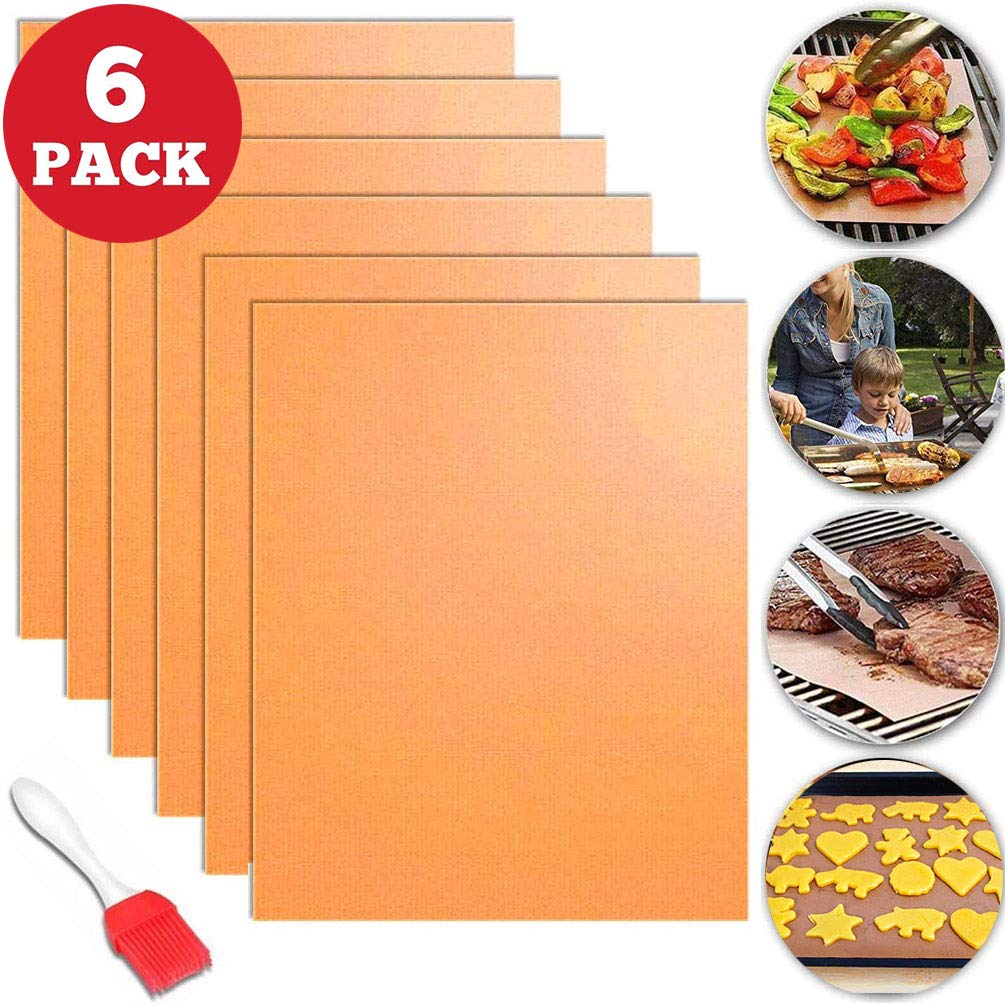 Copper Grill Mat, 6 Pack Heavy Duty Magic BBQ Grill Mats Non Stick, Reusable, Easy to Clean Barbecue Grilling Accessories for Gas, Electric, and Charcoal Grilling, FDA-Certificated
