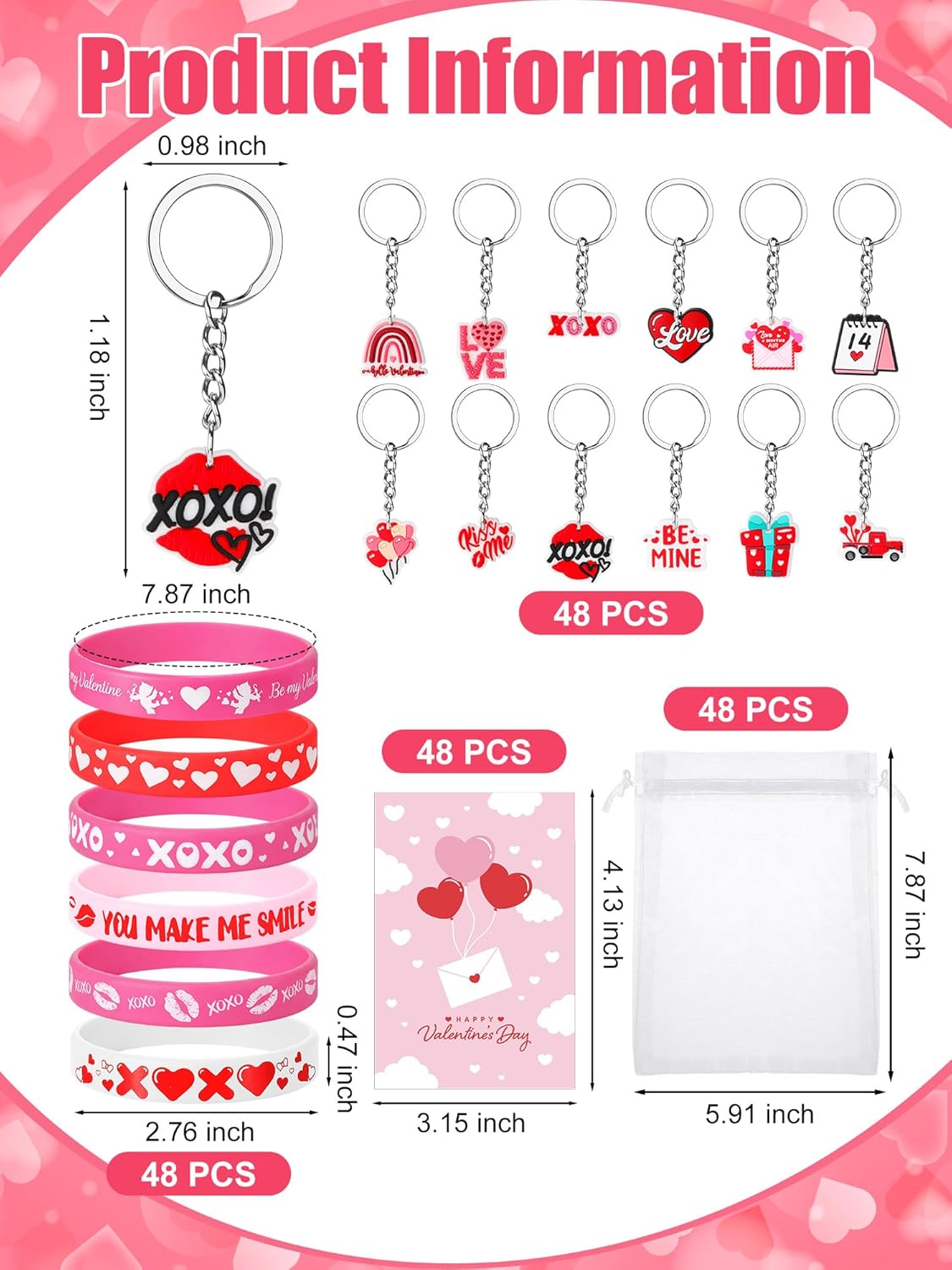 240 Pcs Valentine's Day Socks Gifts Bulk 48 Heart Print Crew Socks, Keychains, Bracelets & Cards with Organza Bags