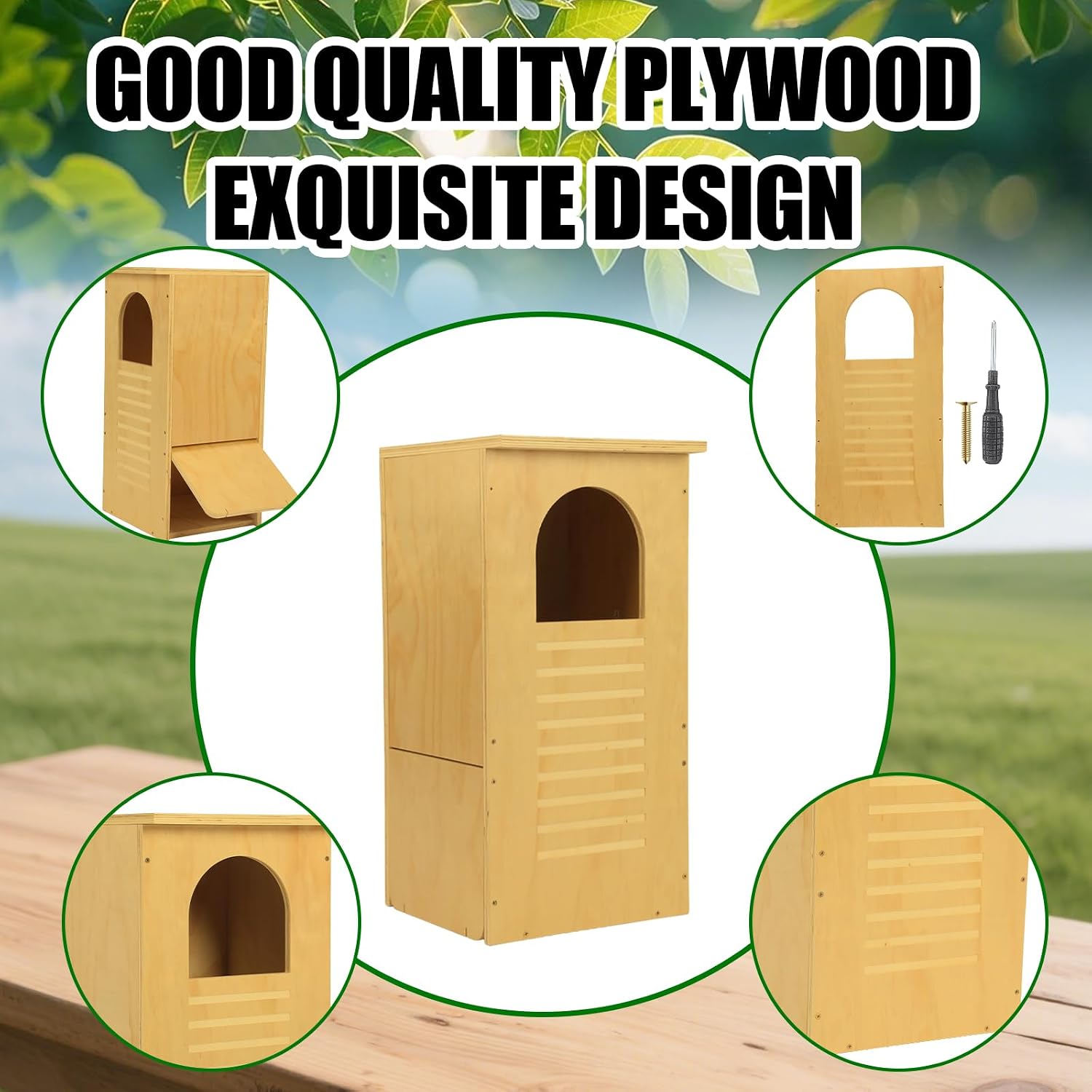 Cinnvoice Large Owl Houses for Outdoors 13" x 13" x 26", Treated Exterior Grade Plywood Owl Nesting Box with Arch Opening Large Bird House for Outside Backyard, Easy Assembly Required