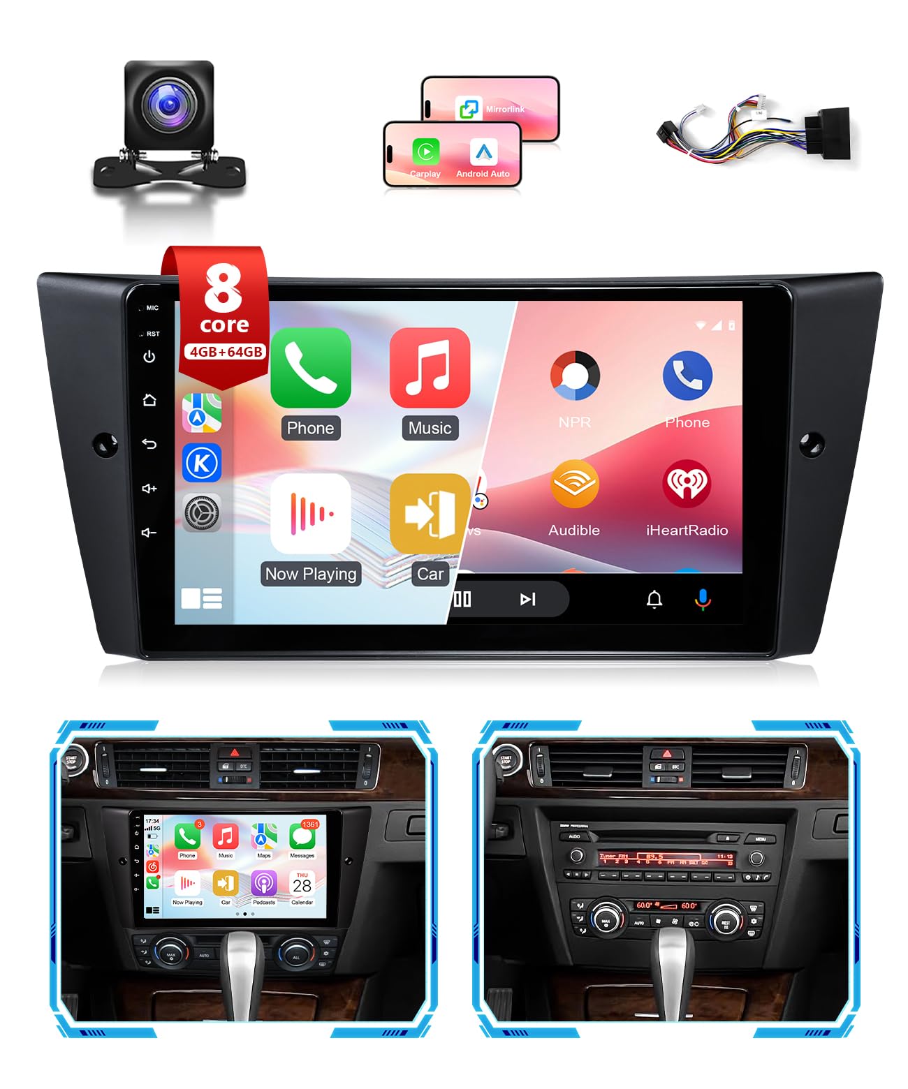 8Core Radio for BMW 328i 335i 325i E90 E91 E92 E93 2005-2011 Stereo | Wireless CarPlay Android Auto, 9" Touch Screen for BMW 128i Head Unit BT FM RDS DSP GPS WiFi SWC Camera, 4G+64G No Fiber