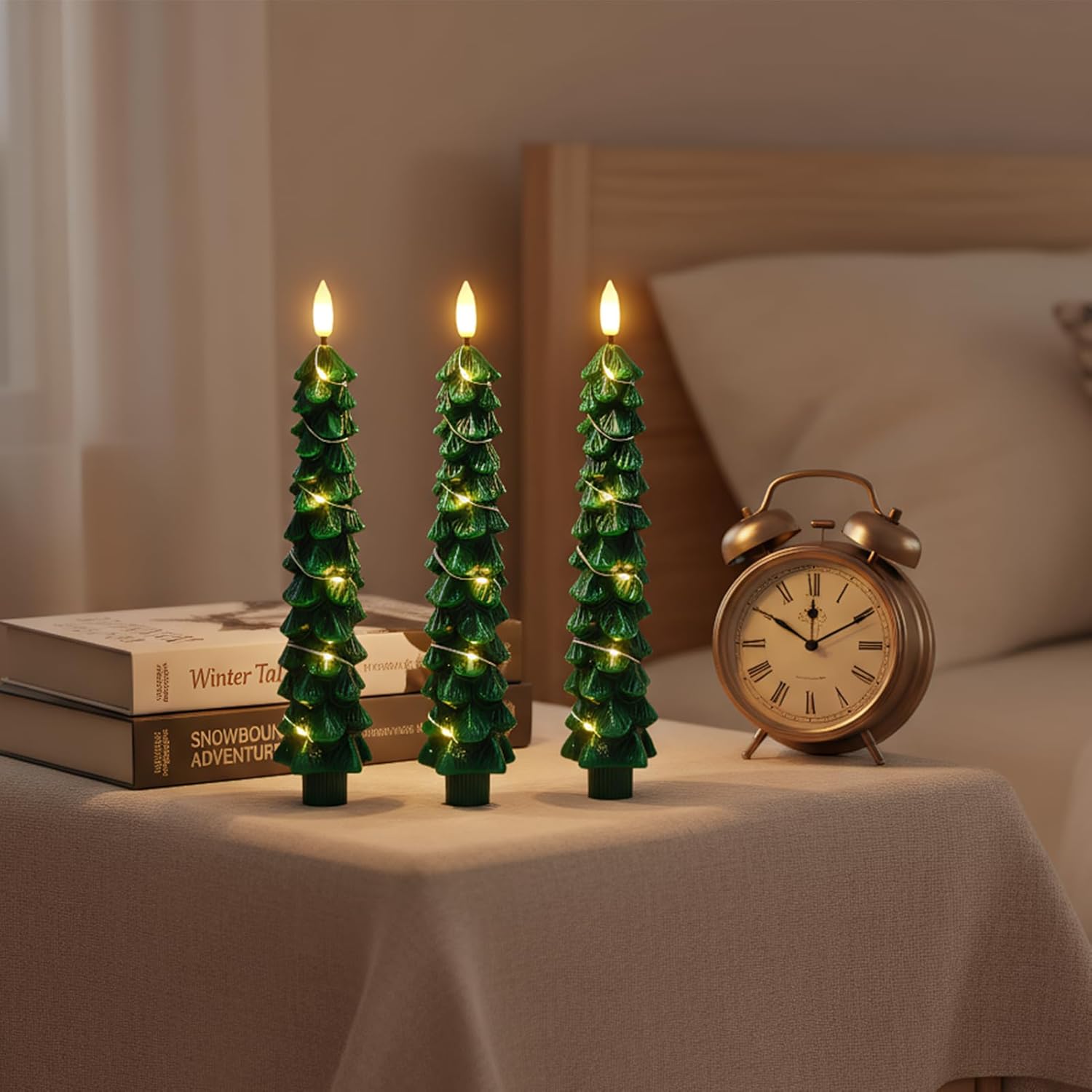 Christmas Tree Candles with Remote Timer, 4 Pcs Waxy Flameless Taper Candles with Embedded String Lights, Battery Operated LED Candlesticks 3D Flame Wick, Green Gifts Christmas Decorations