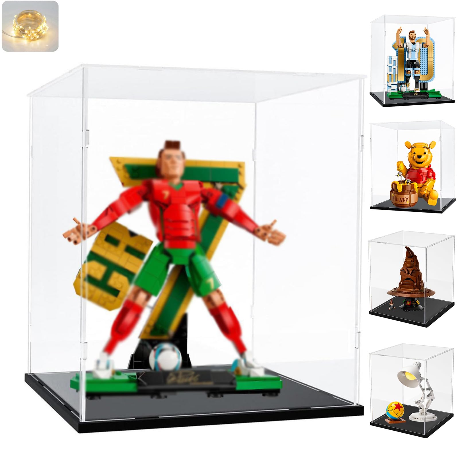 Acryl Vitrine Schaukasten 3mm & Led für LEGO CR7 Ronaldo 43016 Messi 43015 | Transparente Displayvitrine plexiglas für Winnie Puuh 43300 Sprechende Hut 76429 21357 10338 31152 Figuren Schwarz 25x25x30cm