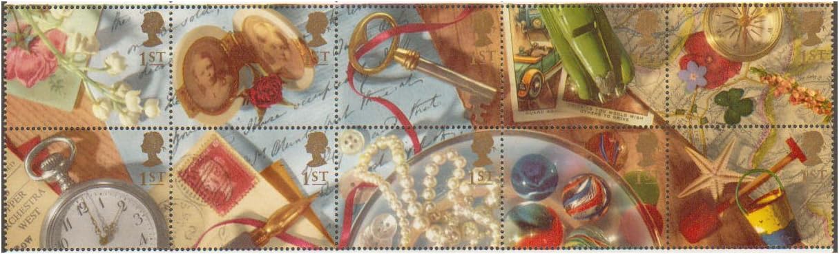 1992 Greetings - Memories Stamps for Postage - 10 x Royal Mail 1st Class stamps featuring a flower spray, double locket, key, model car etc