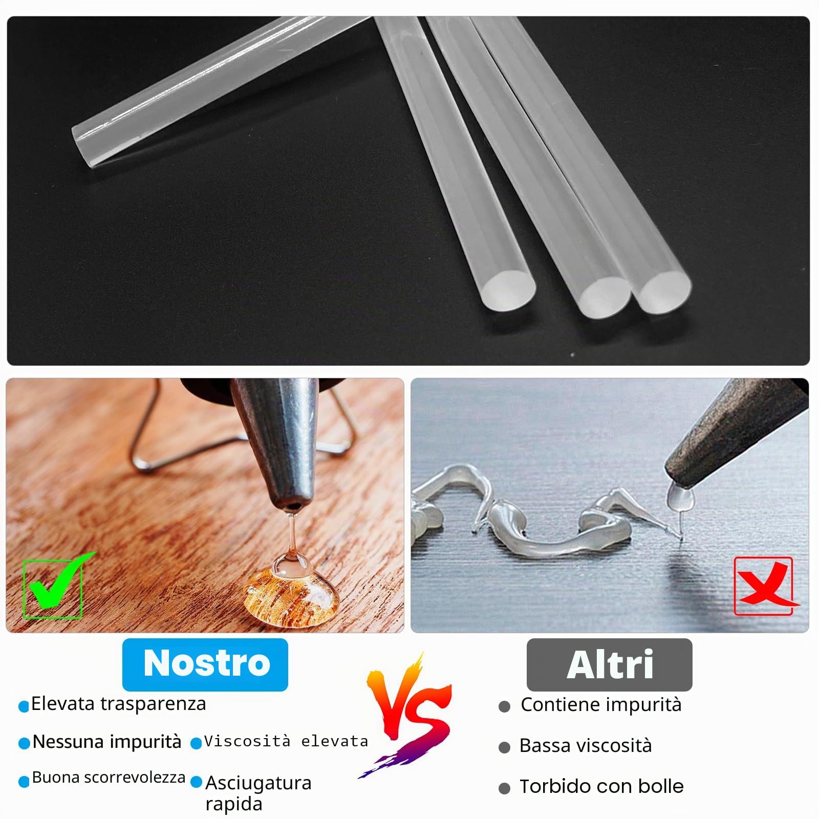 200 Pezzi Colla Bastoncini 100 x 7 mm - Colla A Caldo Trasparente Universale per Pistola A Colla Calda, Ideale per Fai Da Te e Artigianato
